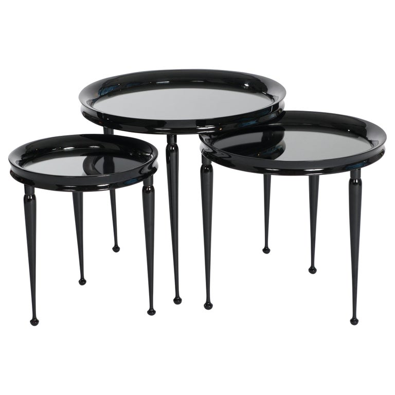 Midcentury Italian Set of Round Nesting Tables Black Lacquer and Mirrored  Top at 1stDibs