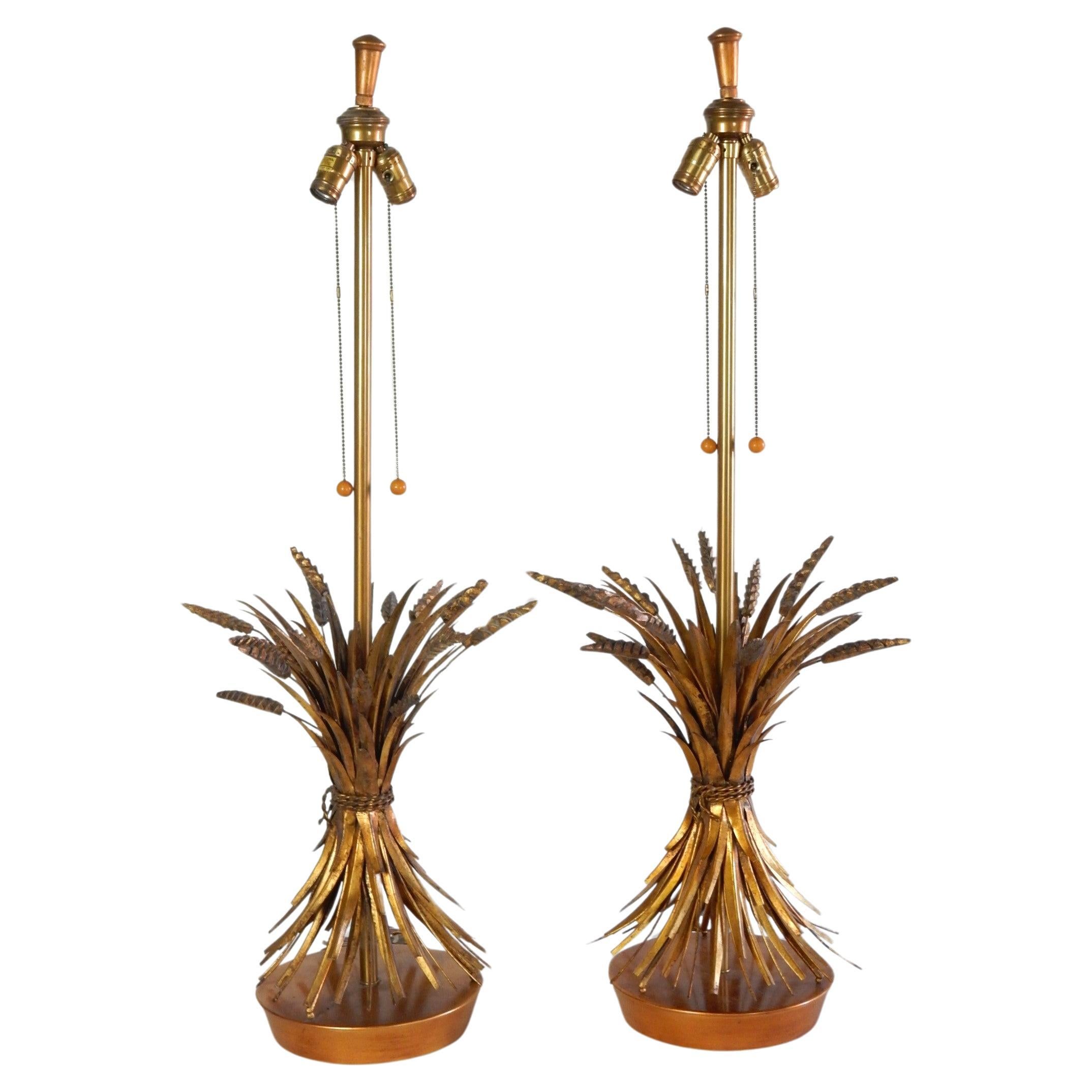 Hollywood Regency Mid-Century Italian Sheaf of Wheat Gold Gilt Table Lamps by The Marbro Lamp CO. For Sale