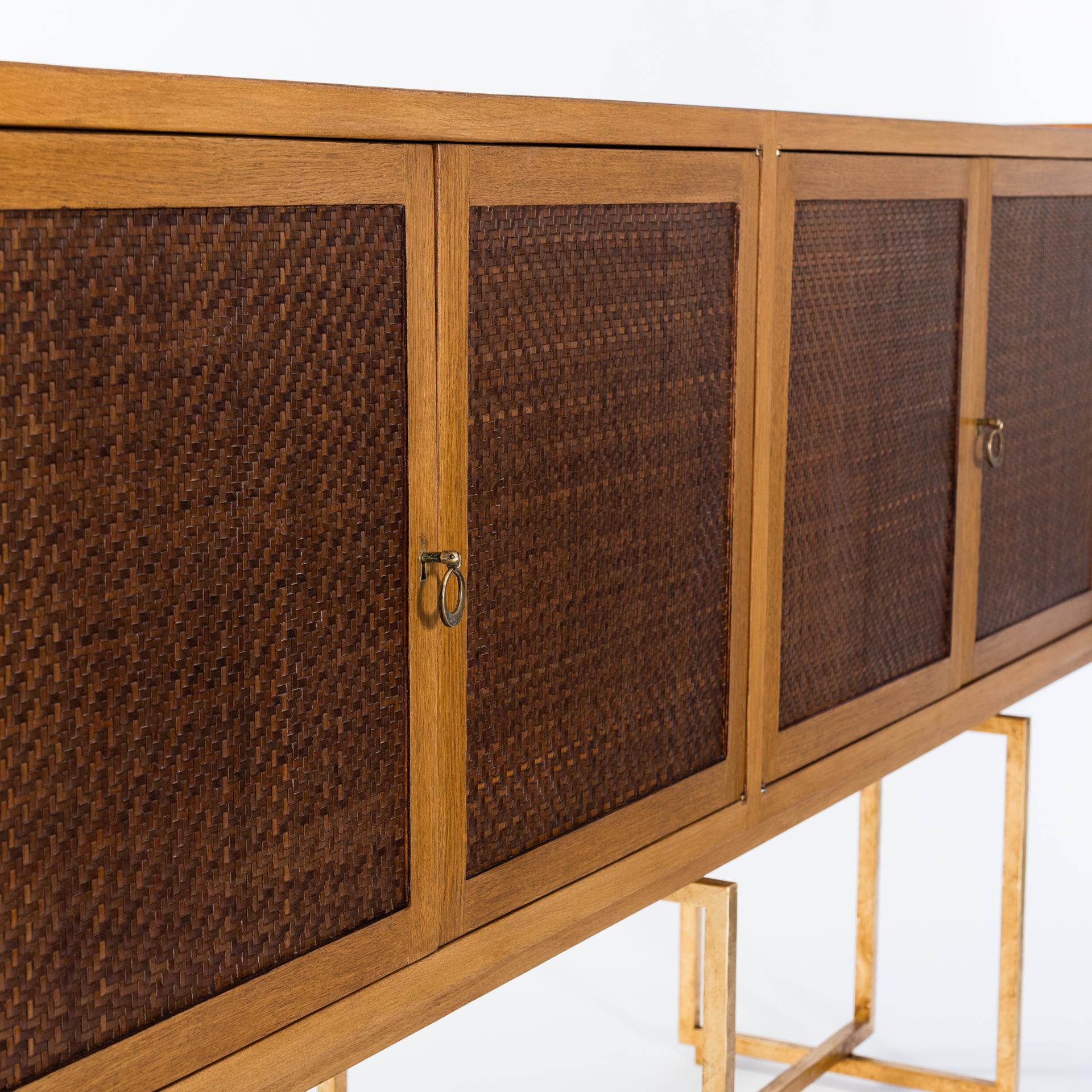 Mid-Century Italian Sideboard Oakwood Gilt Metal Base, Leather Front Doors 1960s For Sale 3