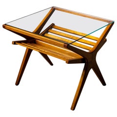 Mid-Century Italian Side Table with Glass Top and Magazine Rack
