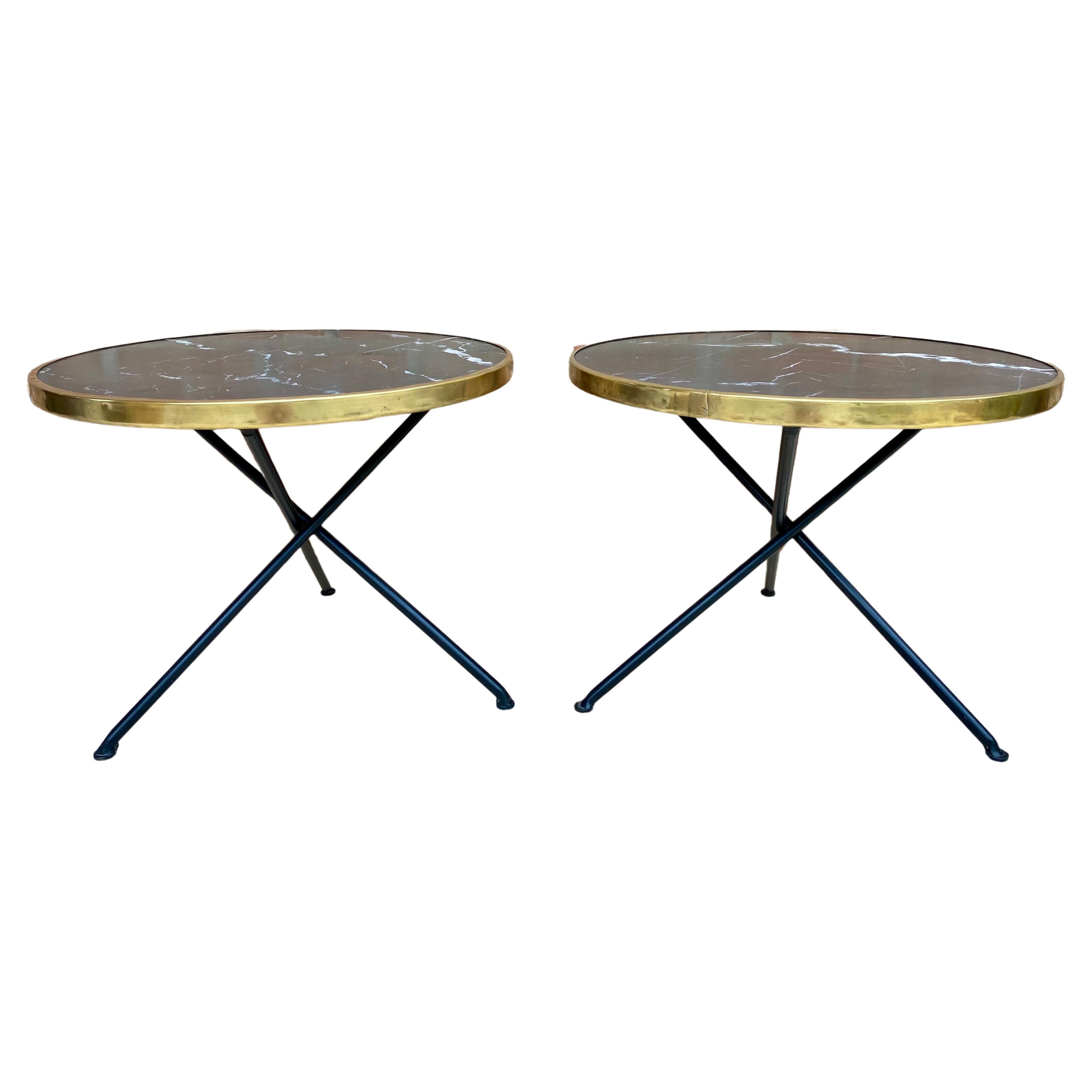 Mid-Century Italian Side Tables in Brass and Iron with Marble Top Set of Two