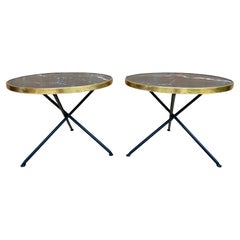 Vintage Mid-Century Italian Side Tables in Brass and Iron with Marble Top Set of Two