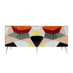 Mid-Century Italian Sideboard, Colorful Glass and Brass, Geometric Design.