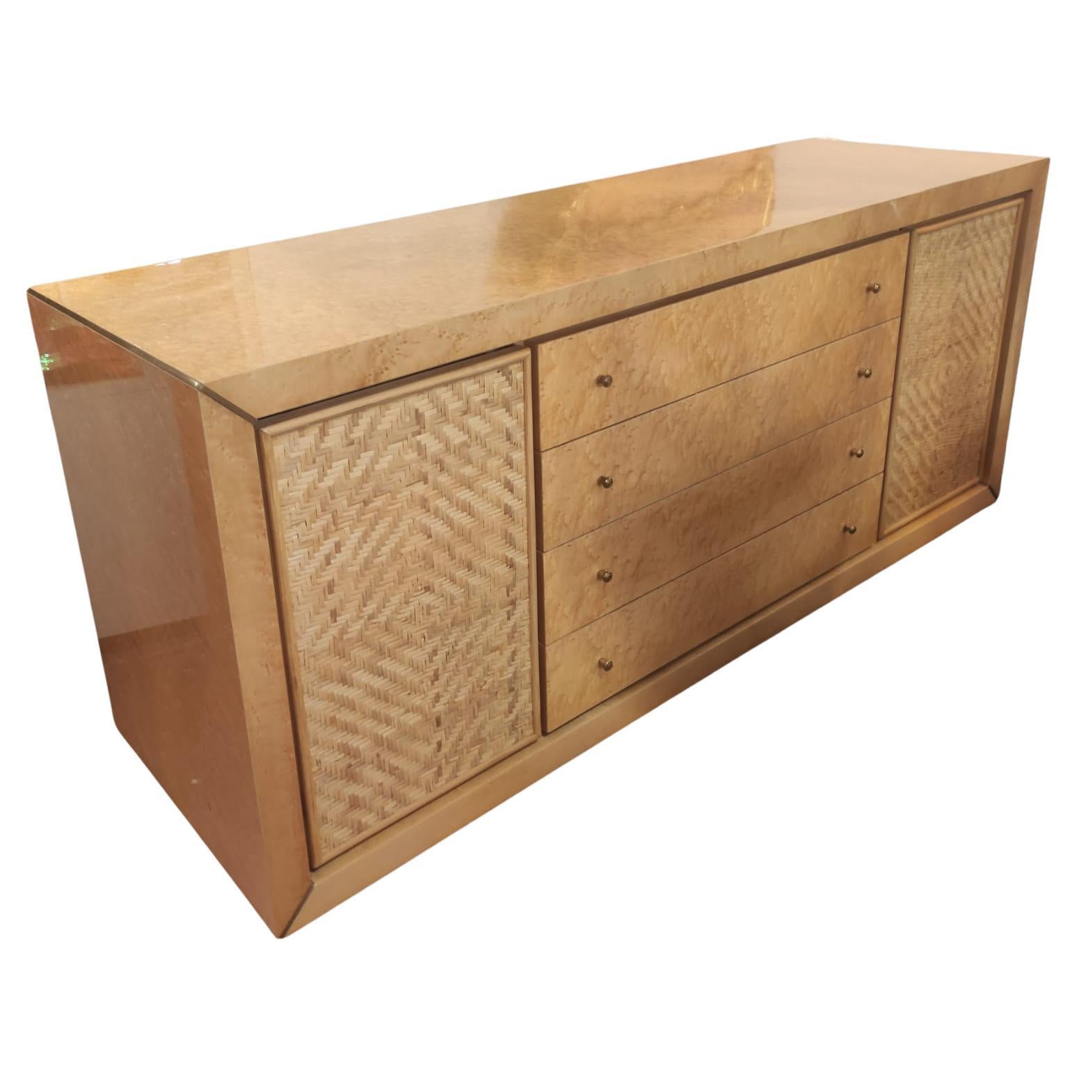 Mid-Century Italian Sideboard in Birds Eye Burl Maple Wood with Straw Inserts