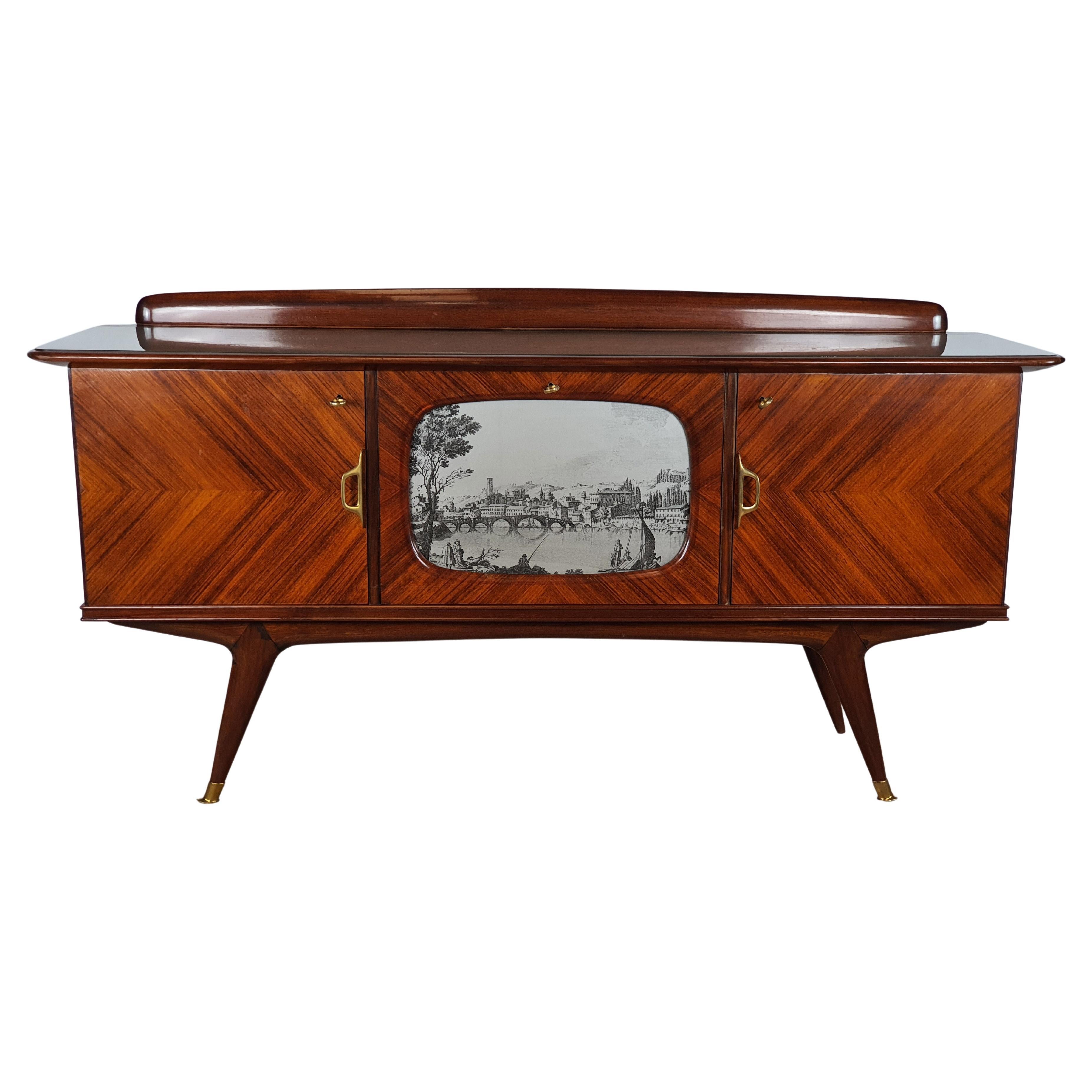 Mid Century Italian Sideboard in Walnut with Flap Bar