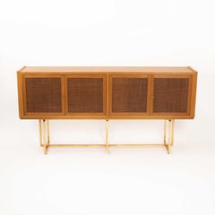 Mid-Century Italian Oak Sideboard Gold-Plated Base, Leather Front Doors 1960s