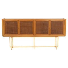 Mid-Century Italian Sideboard Oakwood Gilt Metal Base, Leather Front Doors 1960s