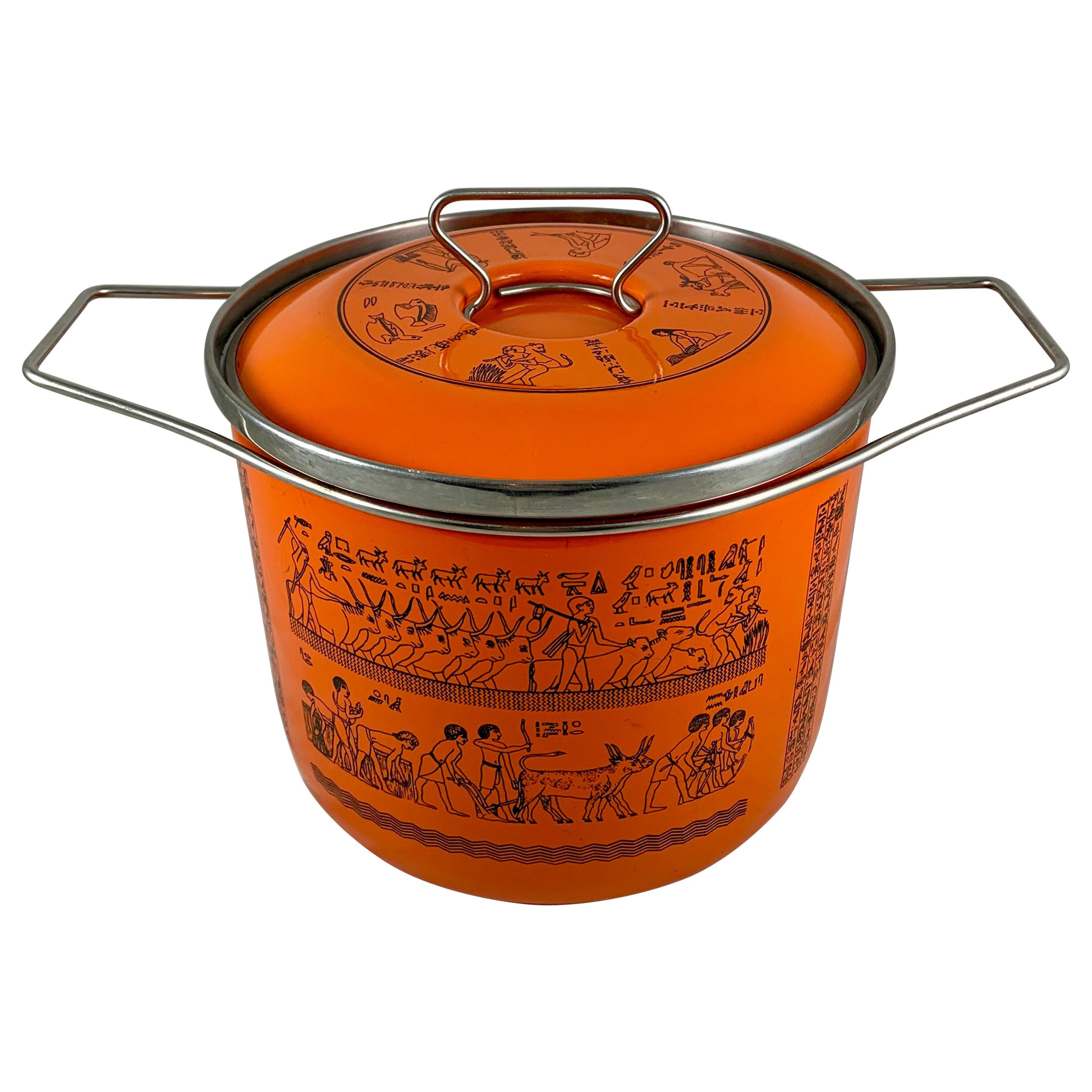 Mid-Century Modern Italian Siltal Egyptian Revival Orange Enameled Dutch Oven