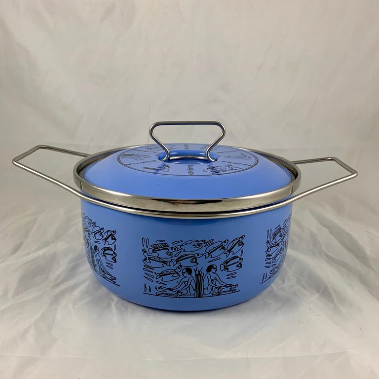 An enamelware Dutch oven manufactured by the Italian company, Siltal, circa 1960s-early 1970s. Designed for the food writer and chef Robert Carrier – Beautiful Italian Mid-Century Modern design.

Decorated with Egyptian Revival imagery of figures,
