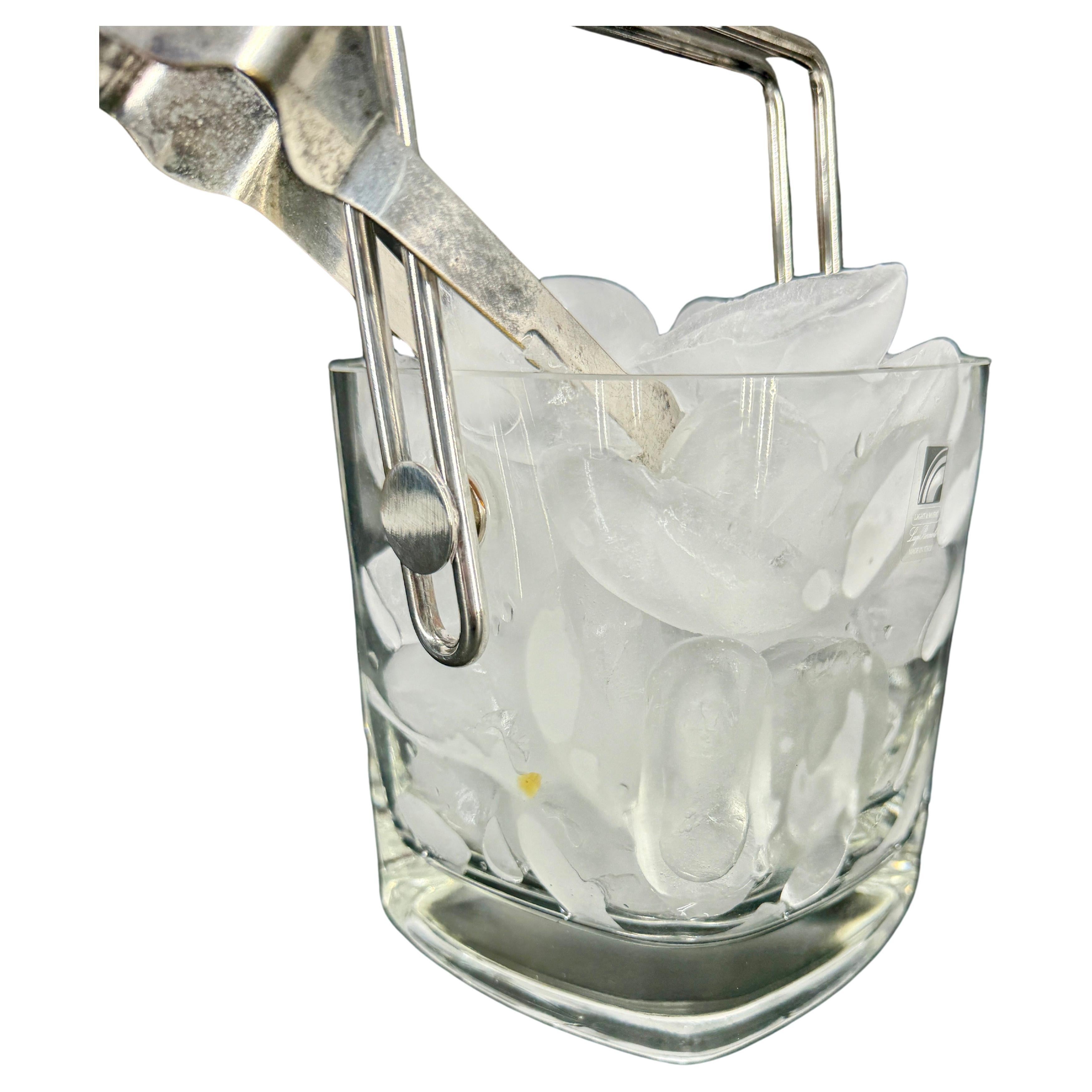 Mid-Century Modern Italian glass ice bucket. This ice bucket is beautiful and functional. The silver decorative elongated arms envelope the glass body. Holding ice and presenting itself as a small work of art, this is an unusual and unique piece to