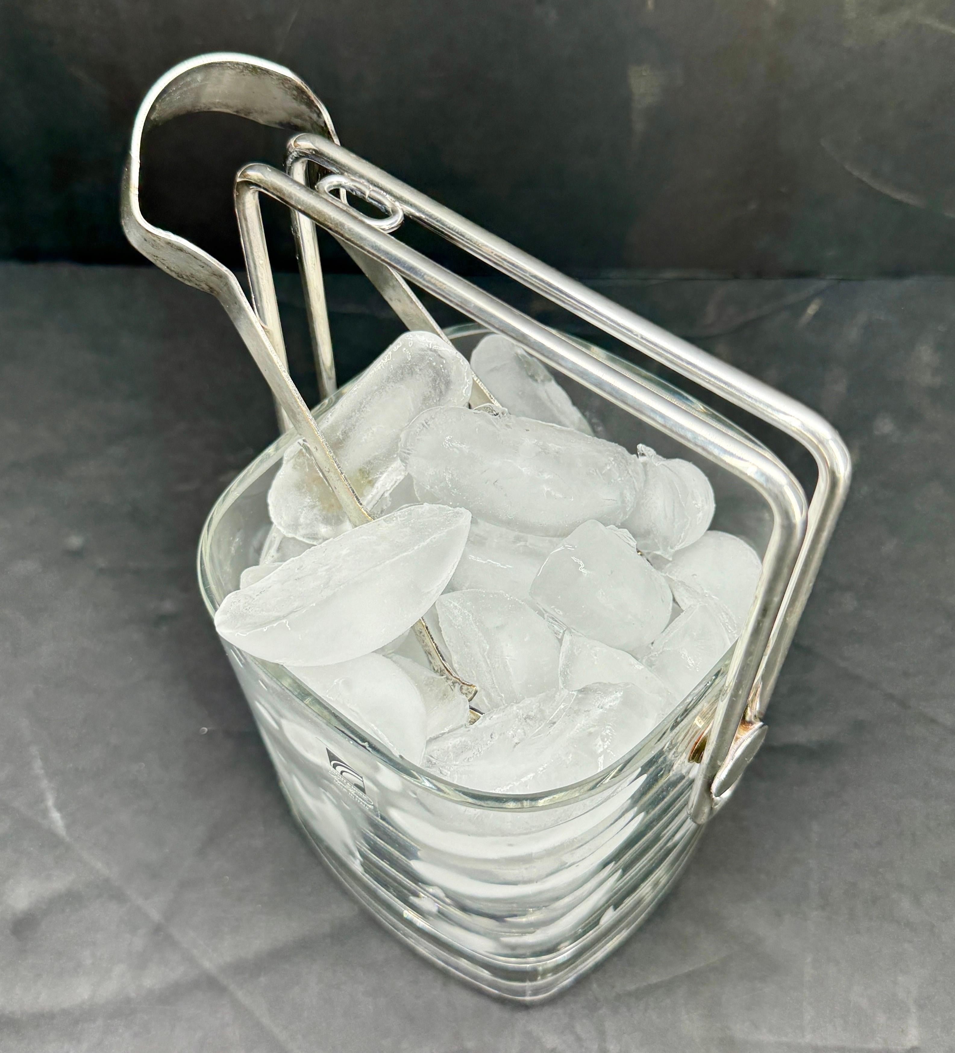 Hand-Crafted Mid-Century Italian Silver and Glass Ice Bucket by Luigi Bormioli.