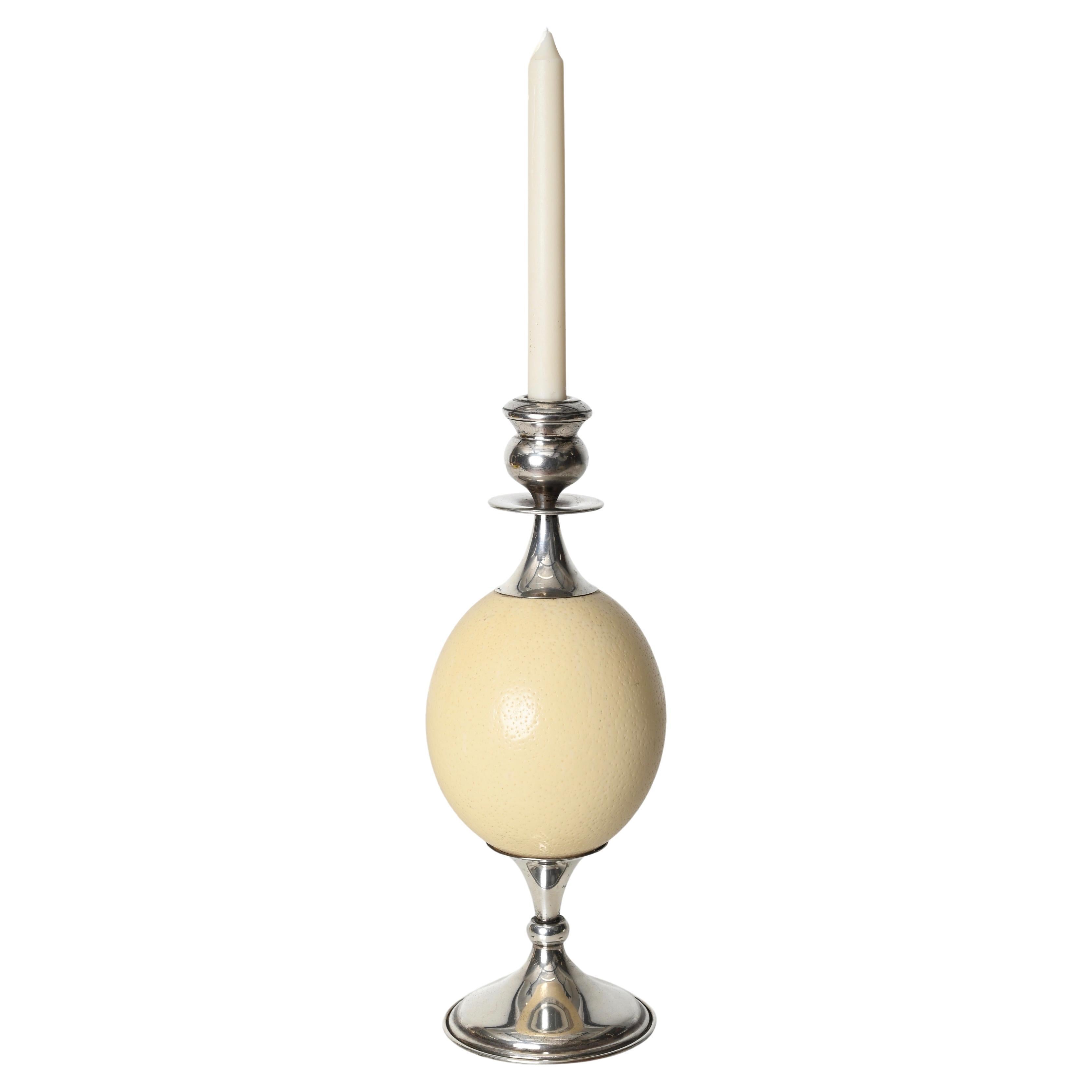 Mid-Century Italian Silver Candlestick with Ostrich Egg, Crespi Style, 1970s