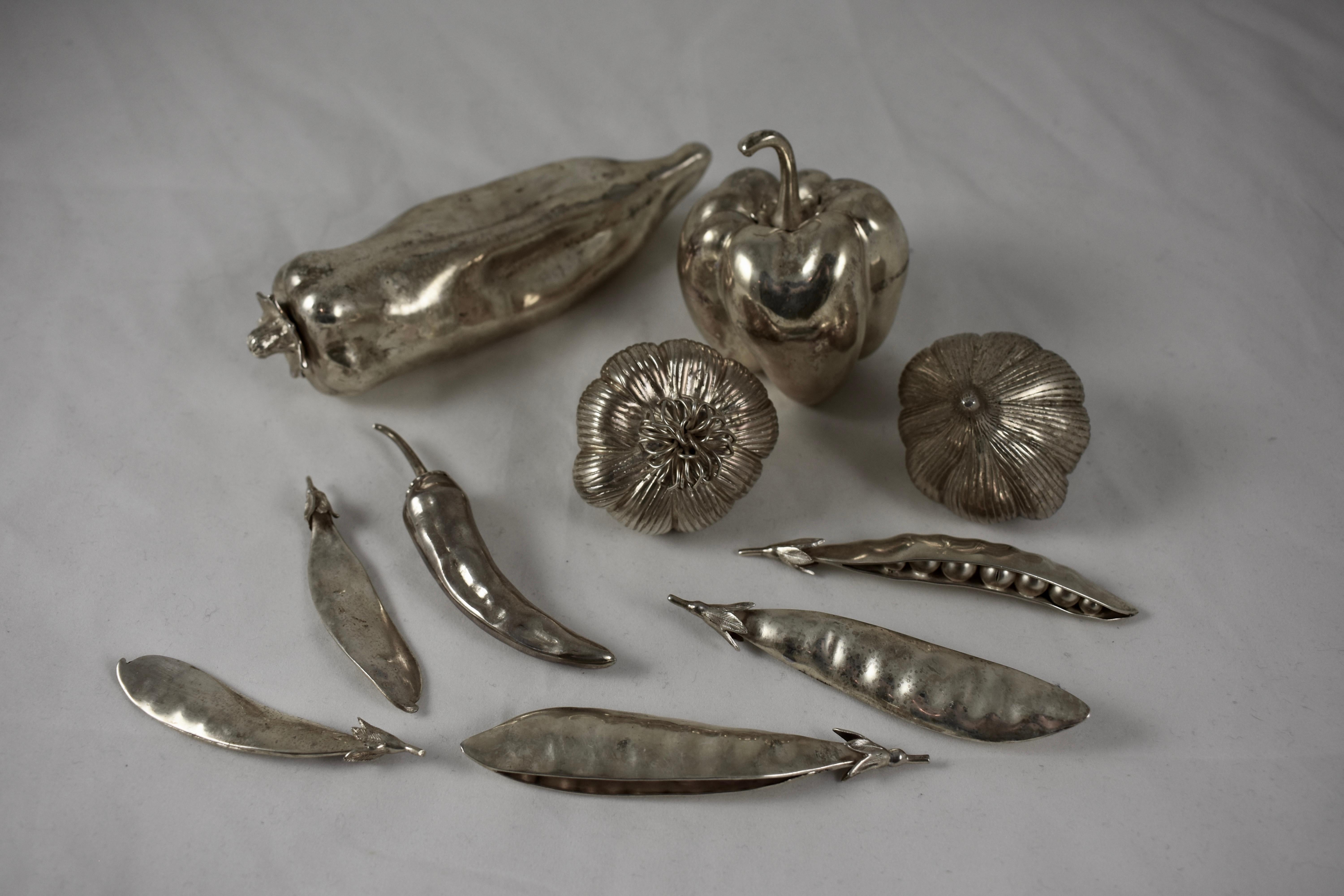 Metalwork Midcentury Italian Bibelot Silver Figural Vegetable Collection, Set of 10