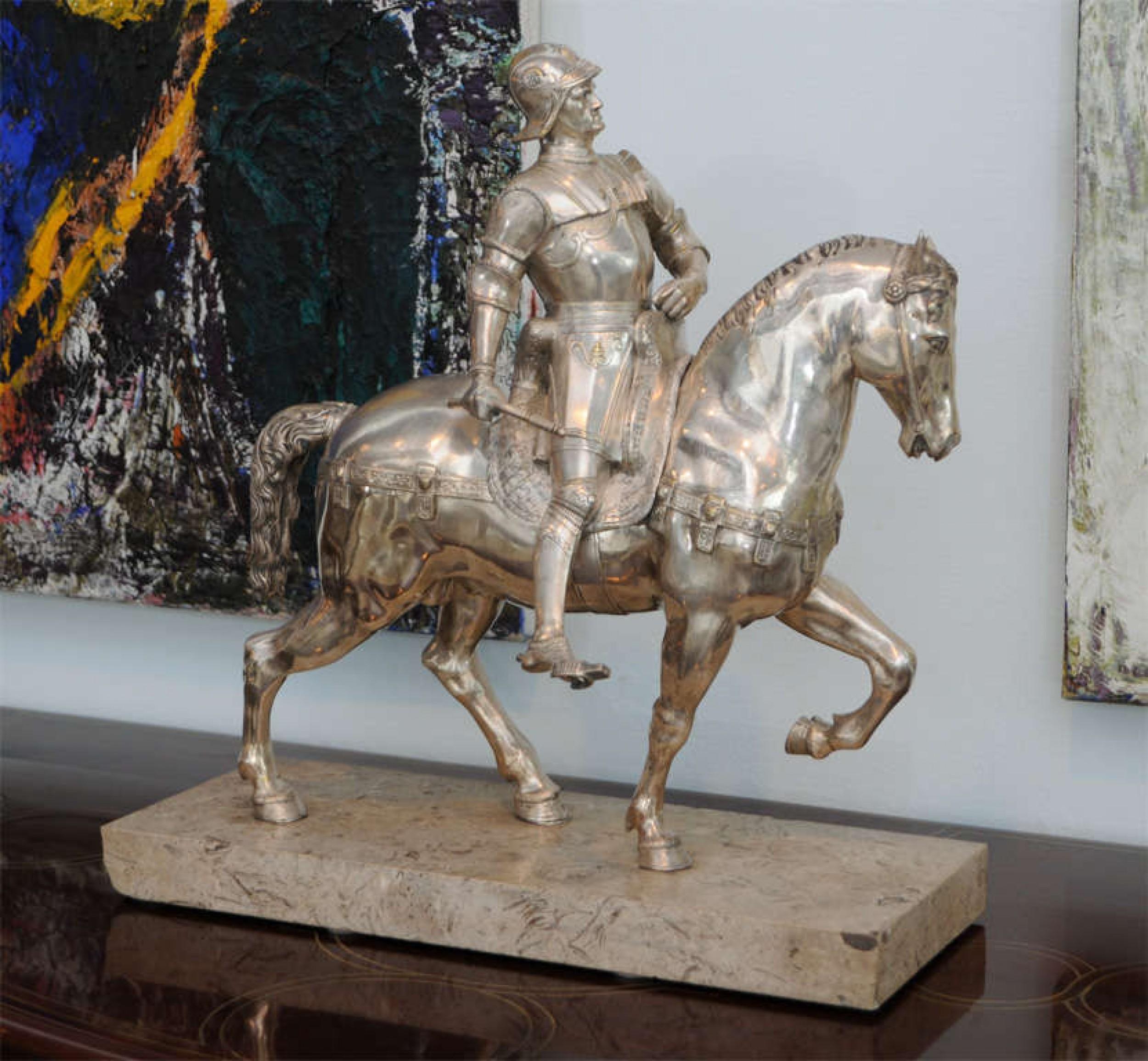 Midcentury Italian silvered bronze equestrian figure / statue.