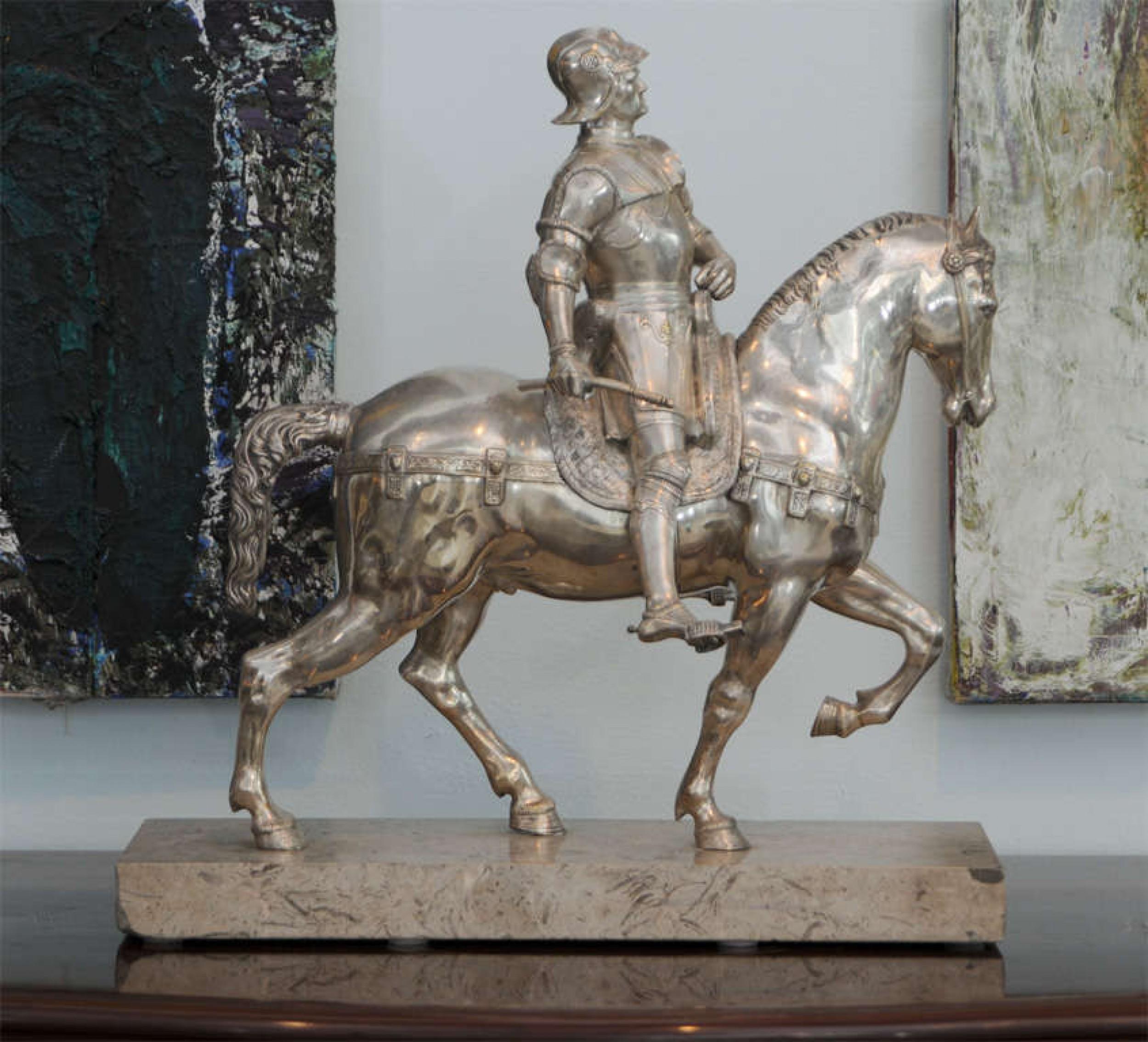 Mid-Century Modern Midcentury Italian Silvered Bronze Equestrian Figure For Sale
