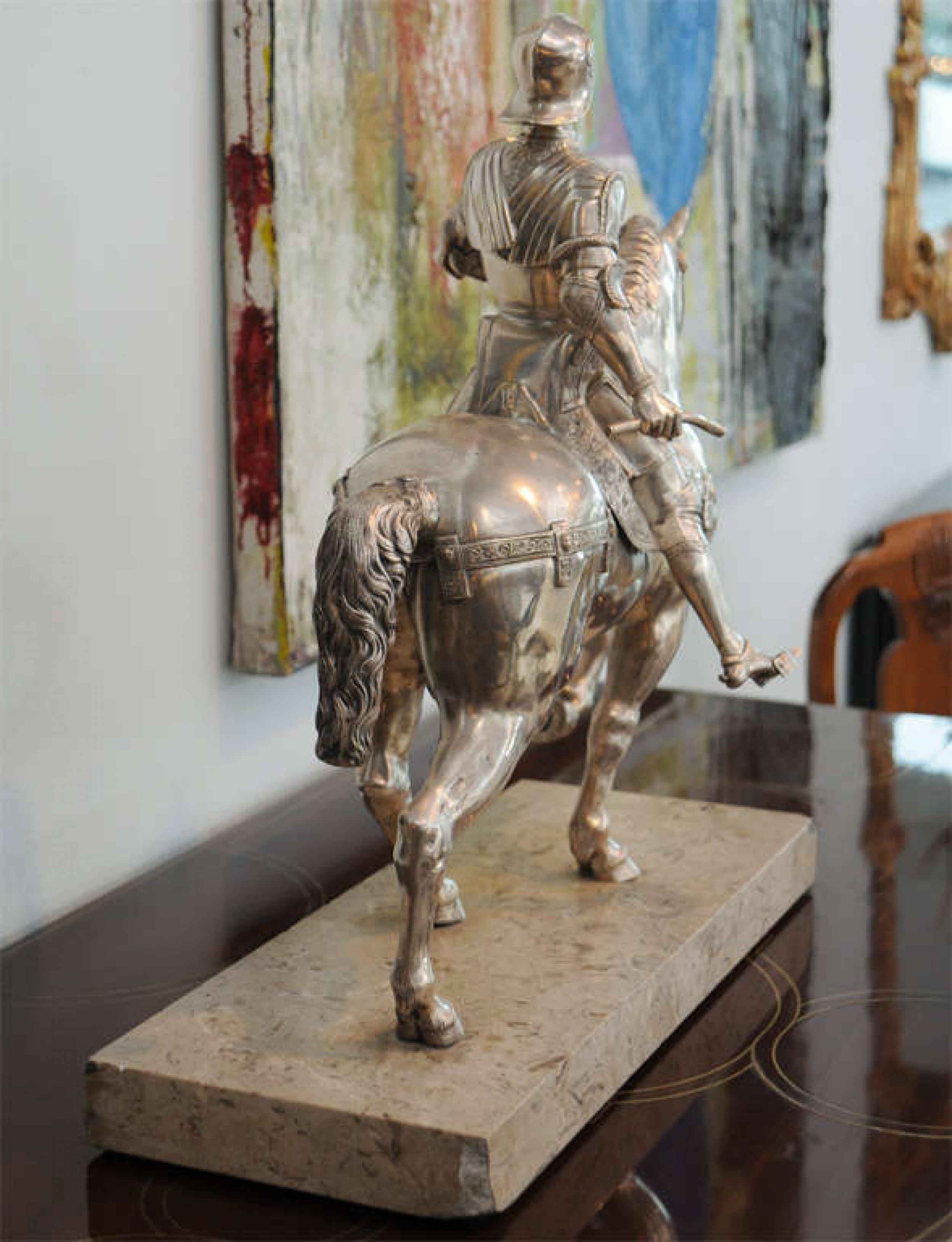 Midcentury Italian Silvered Bronze Equestrian Figure For Sale 1