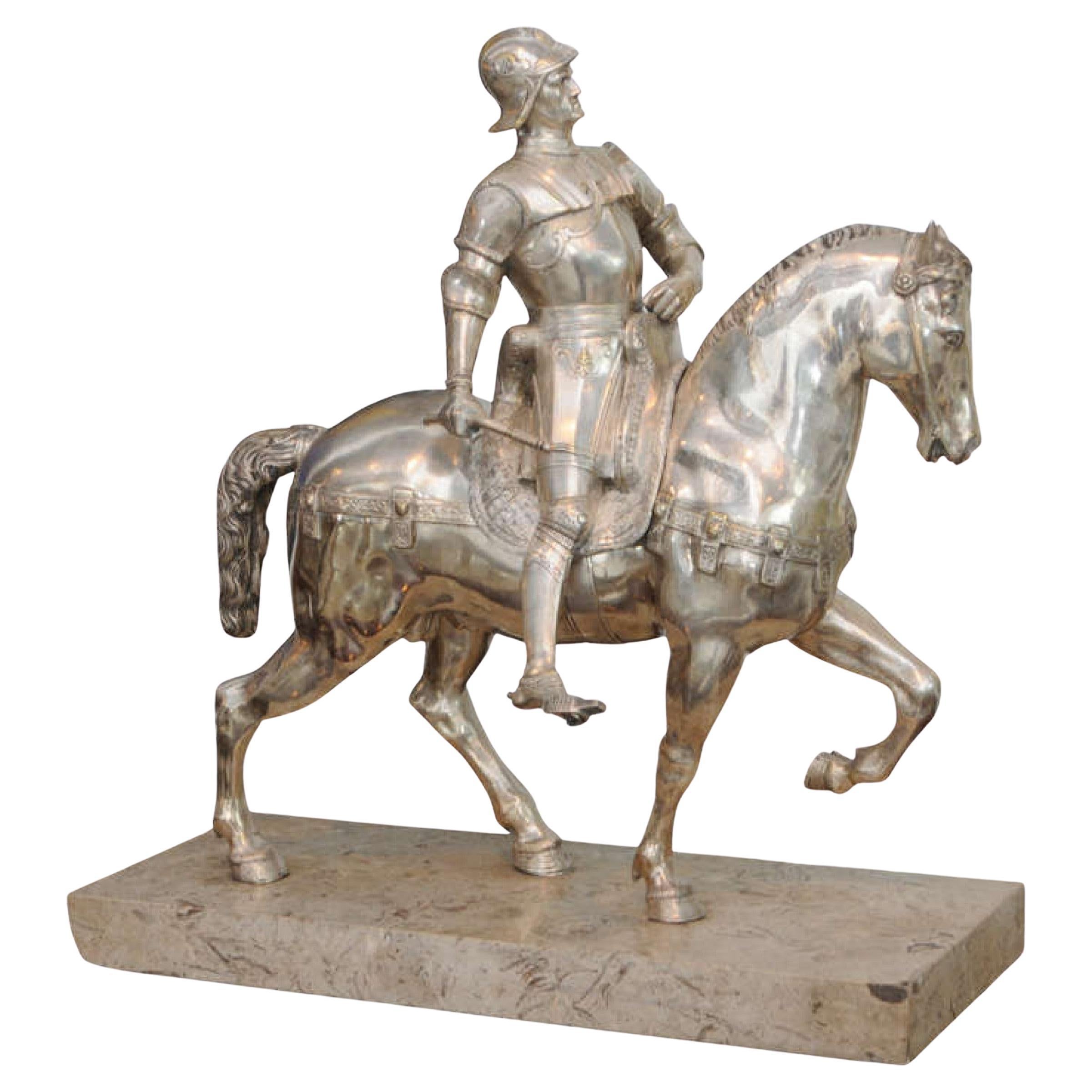 Midcentury Italian Silvered Bronze Equestrian Figure For Sale