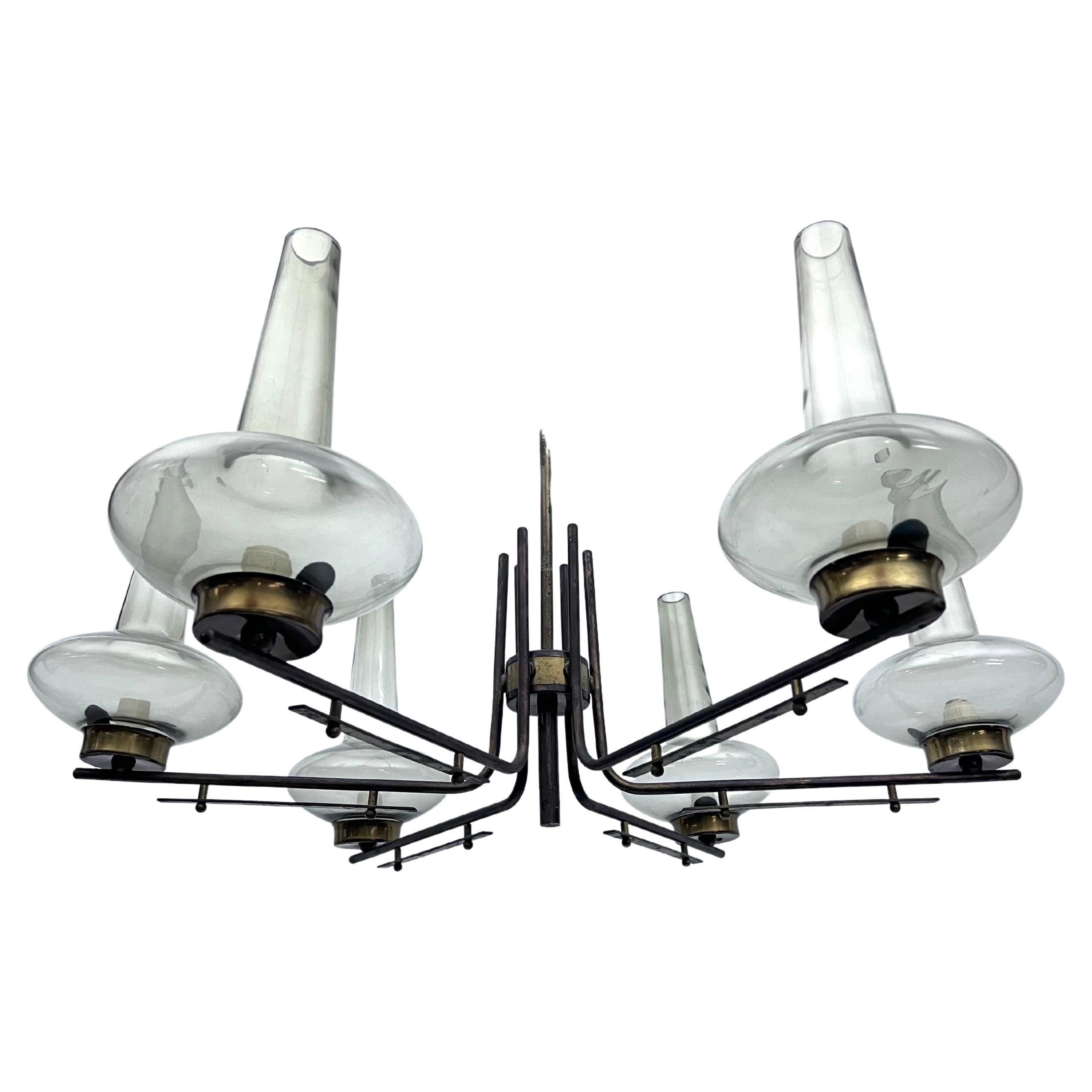 Mid-Century Italian six arms chandelier in brass and fume glass. 1950s For Sale