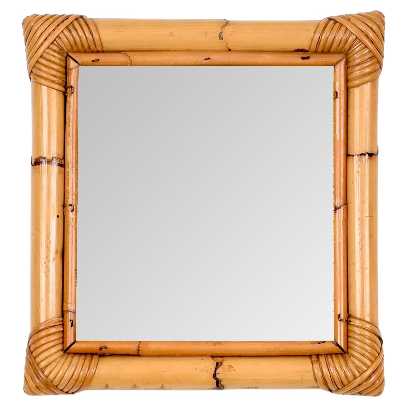 Mid-Century Italian Small Decorative Mirror in Rattan, Hand-Woven Wicker, 1970s