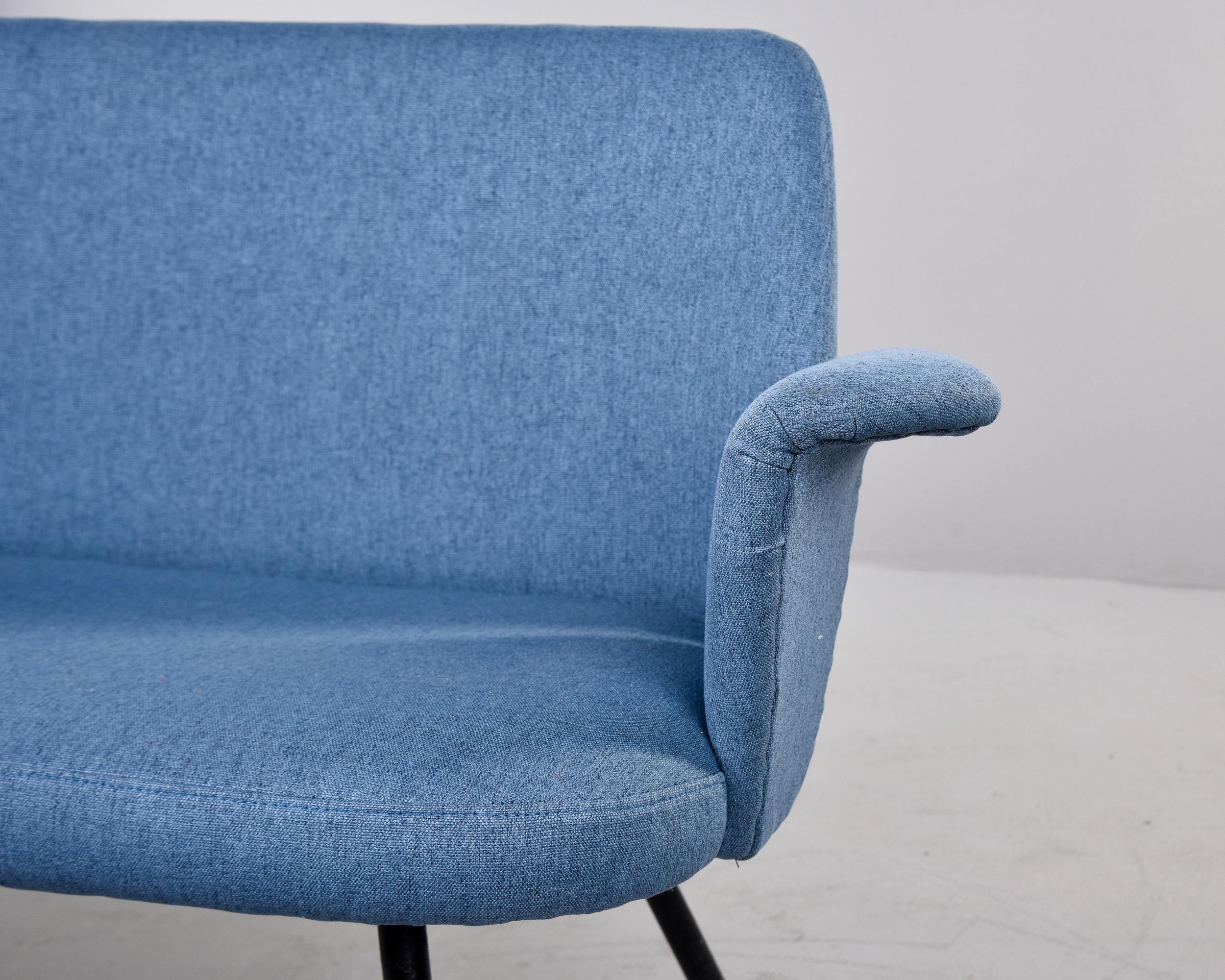 Mid Century Italian Small Settee with Blue Upholstery and Iron Legs For Sale 6