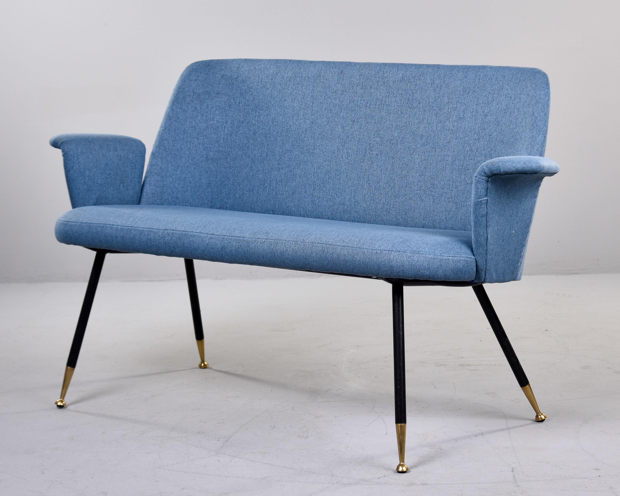 Mid-Century Modern Mid Century Italian Small Settee with Blue Upholstery and Iron Legs For Sale