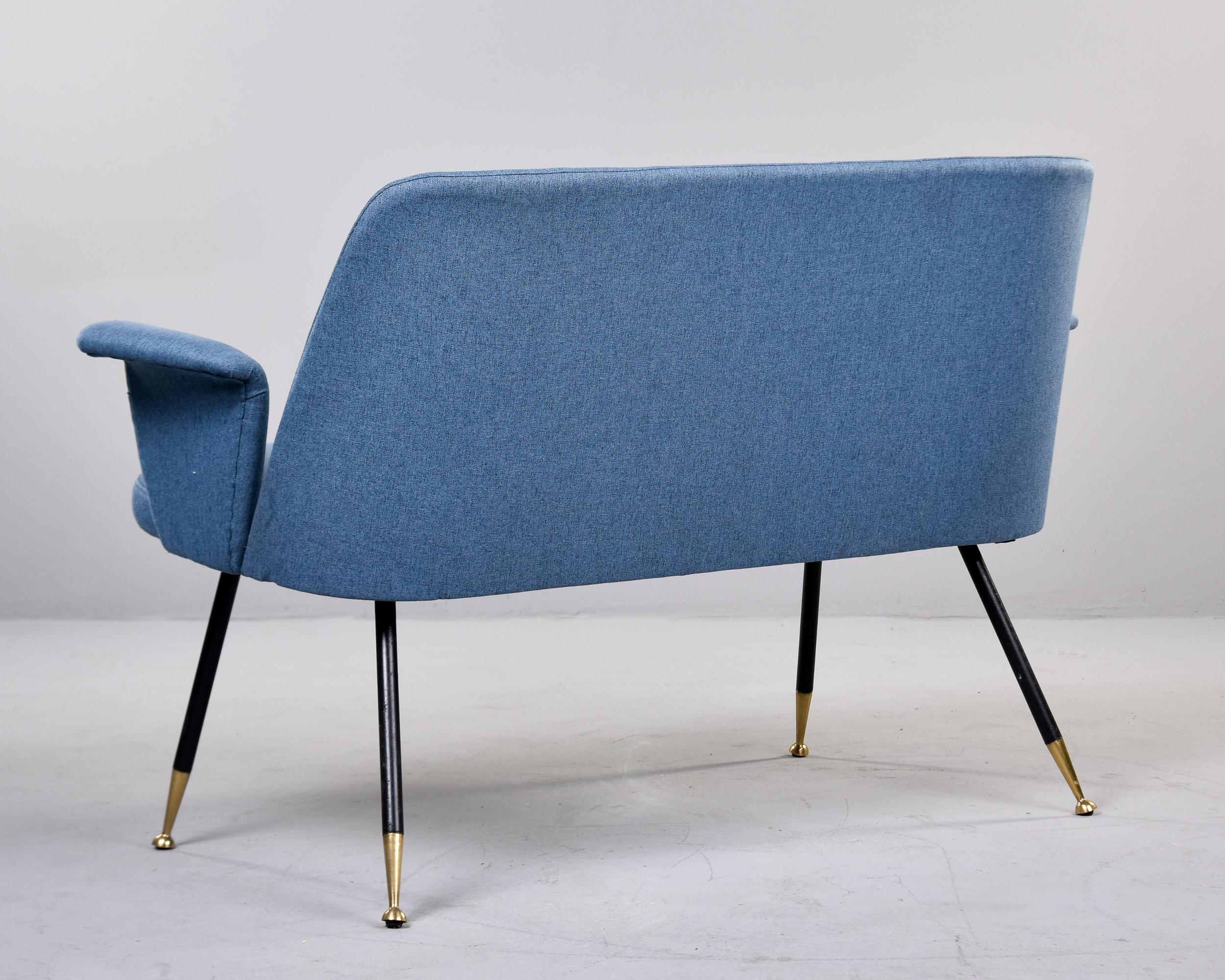 20th Century Mid Century Italian Small Settee with Blue Upholstery and Iron Legs For Sale