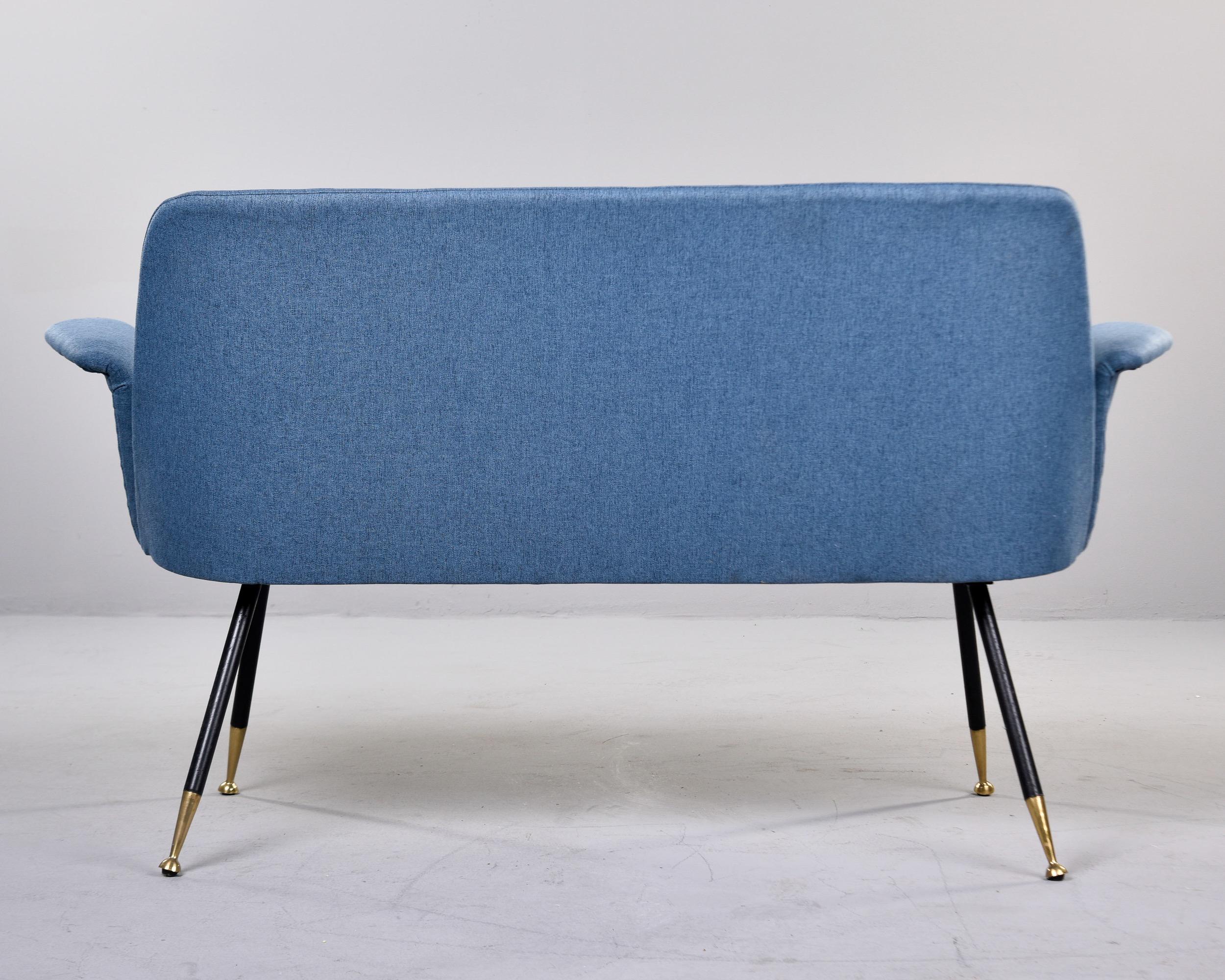 Metal Mid Century Italian Small Settee with Blue Upholstery and Iron Legs For Sale