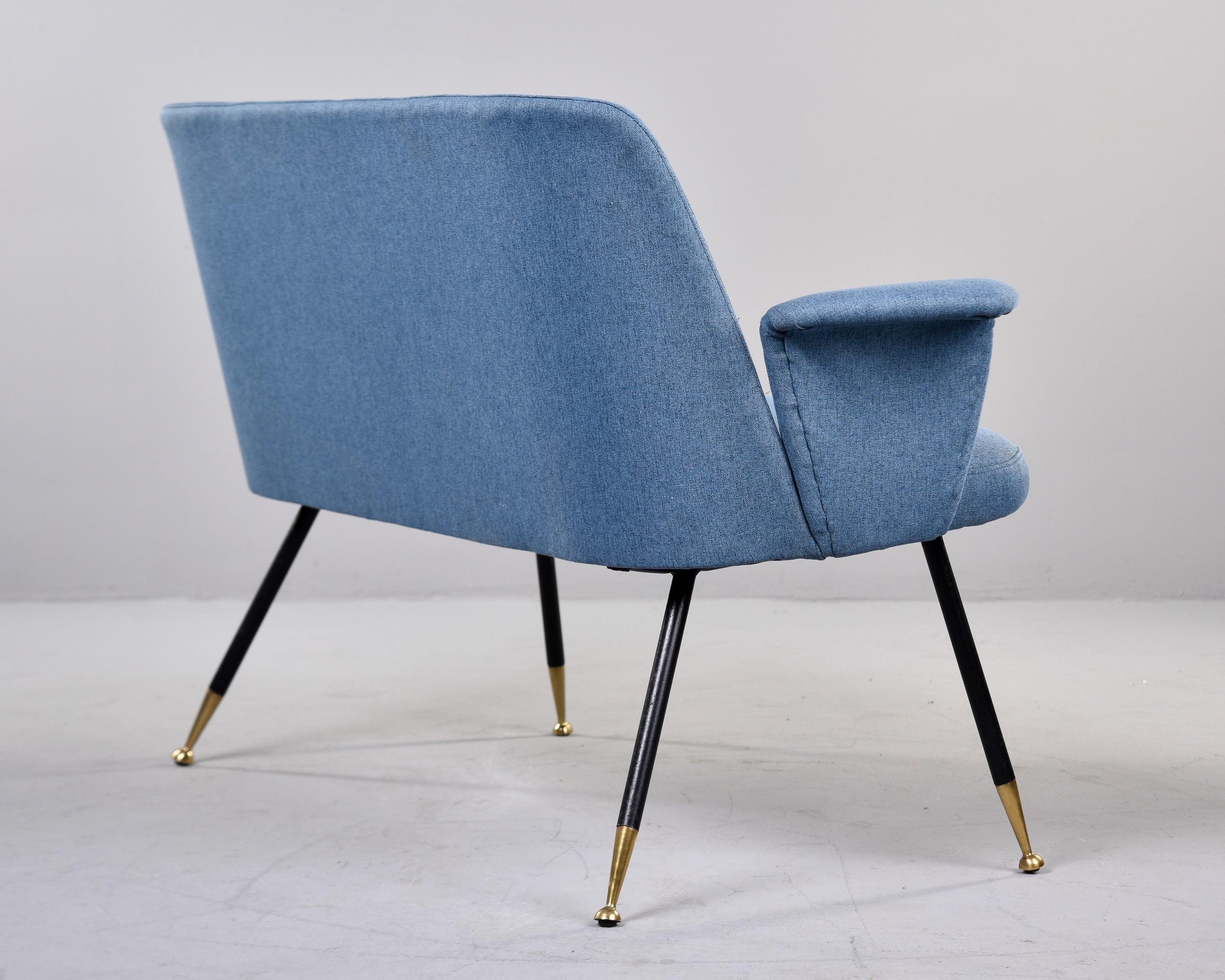 Mid Century Italian Small Settee with Blue Upholstery and Iron Legs For Sale 1