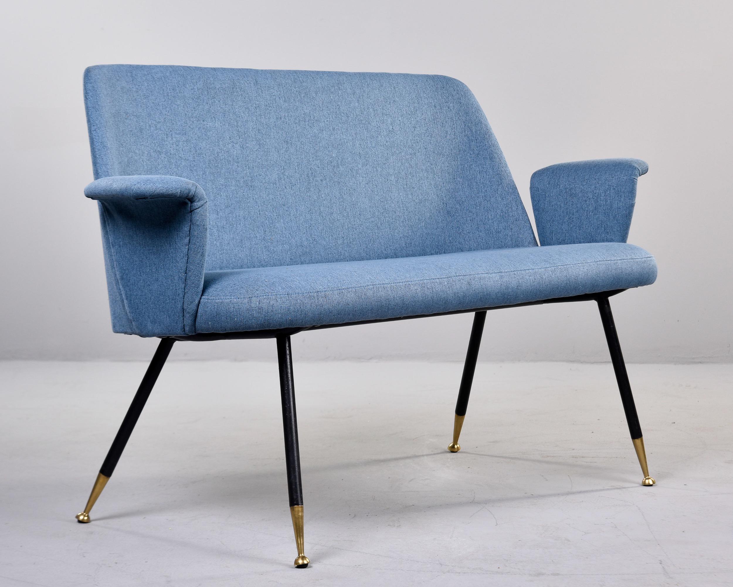 Mid Century Italian Small Settee with Blue Upholstery and Iron Legs For Sale 3