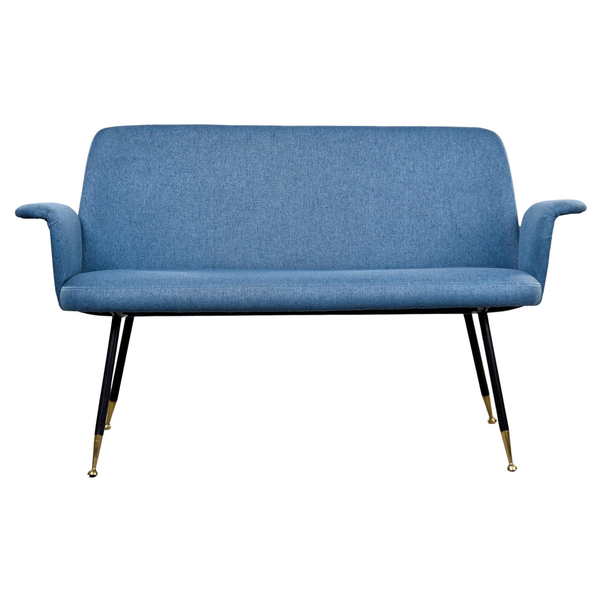 Mid Century Italian Small Settee with Blue Upholstery and Iron Legs For Sale