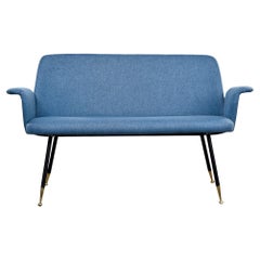 Mid Century Italian Small Settee with Blue Upholstery and Iron Legs