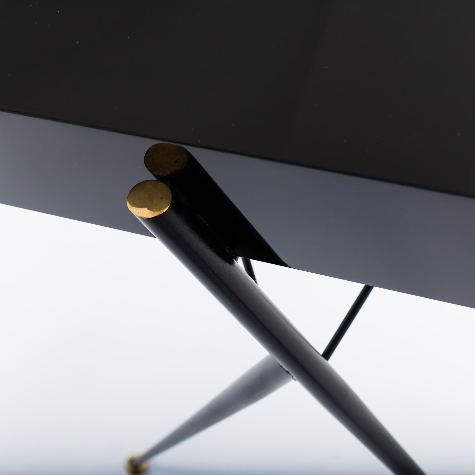 Midcentury Italian Small Writing Desk Black Lacquer, Brass by Silvio Cavatorta 1
