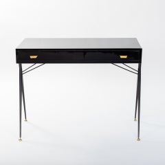 Mid-Century Italian Small Writing Desk Black Lacquer, Brass by Silvio Cavatorta