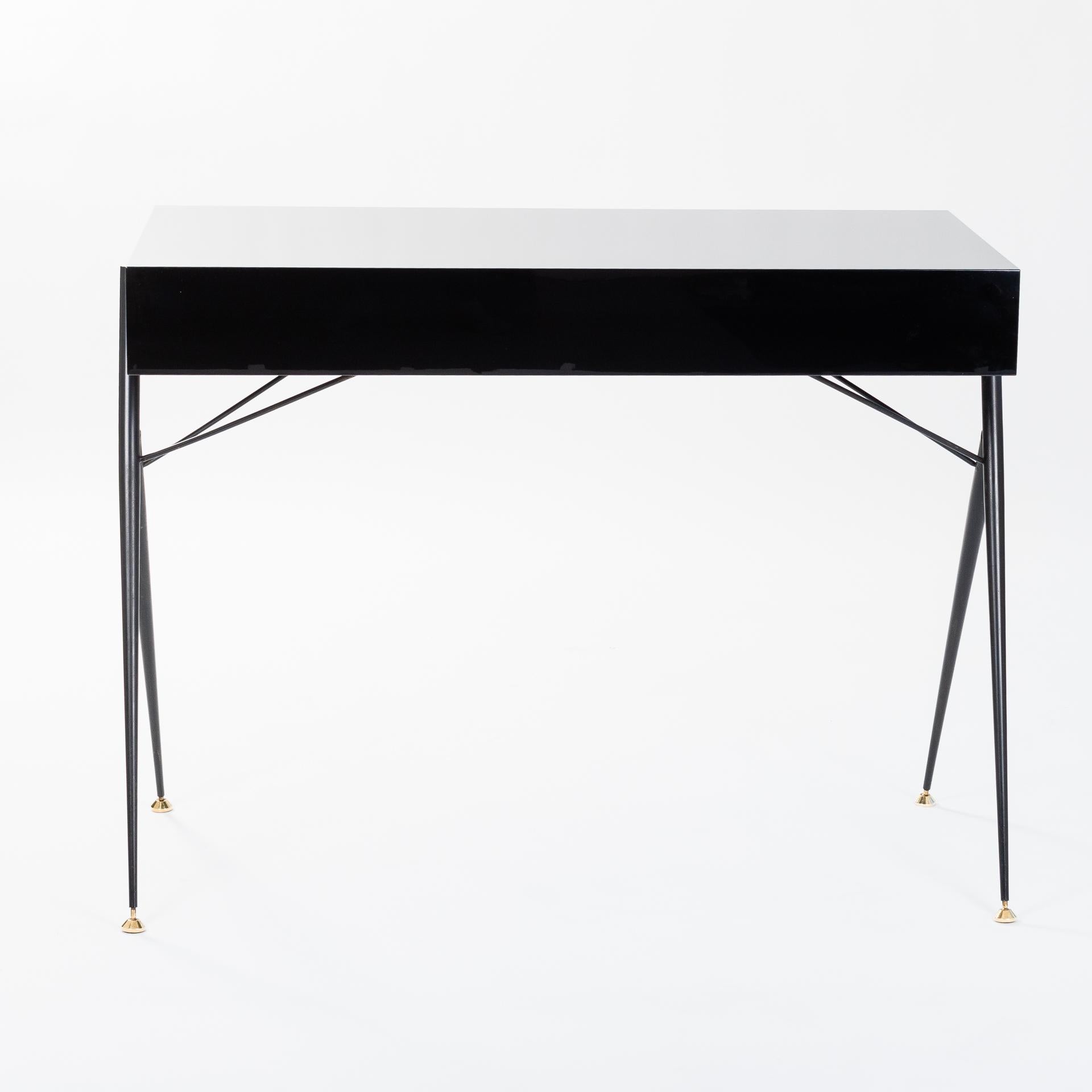 Mid-Century Modern Midcentury Italian Small Writing Desk Black Lacquer, Brass by Silvio Cavatorta