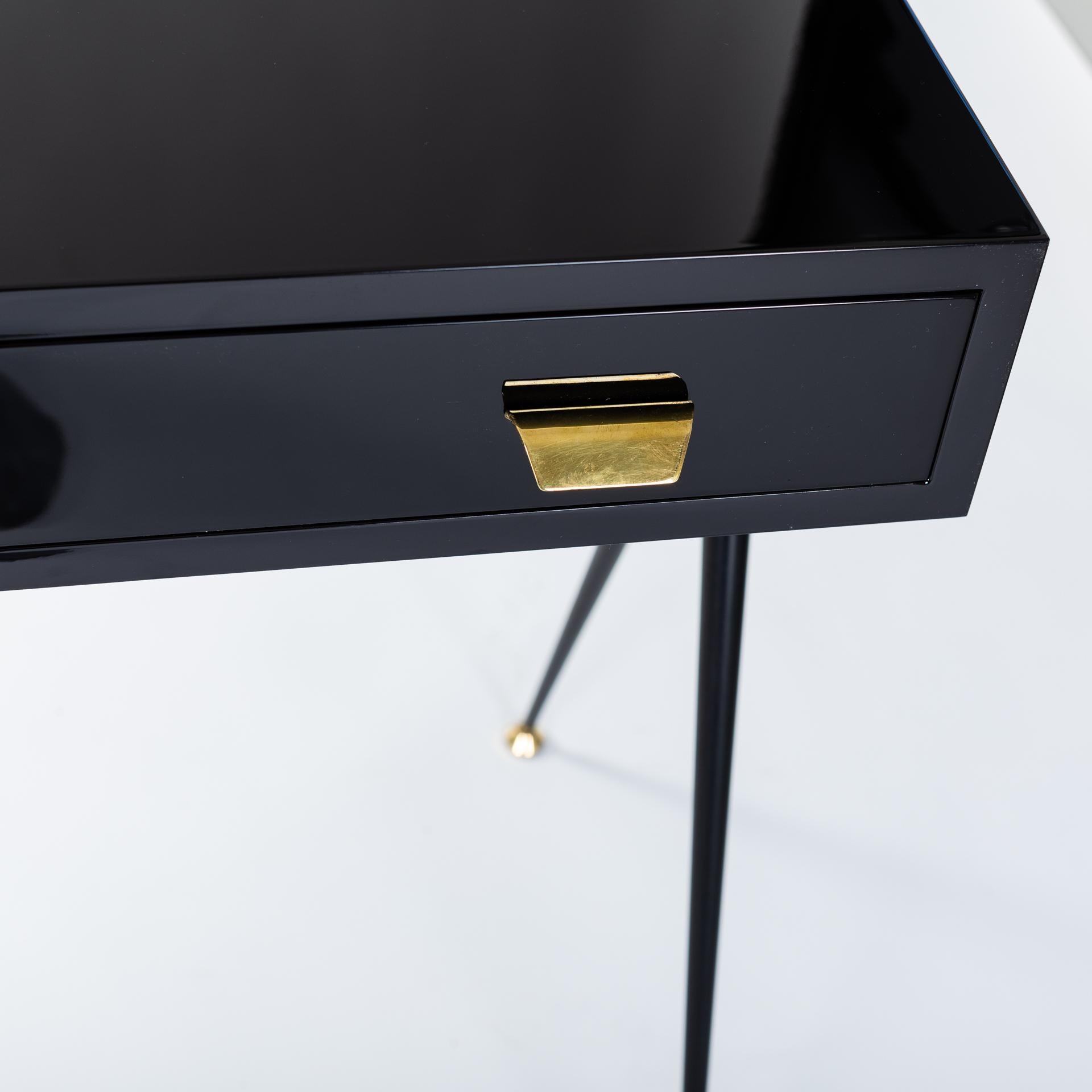 Lacquered Midcentury Italian Small Writing Desk Black Lacquer, Brass by Silvio Cavatorta