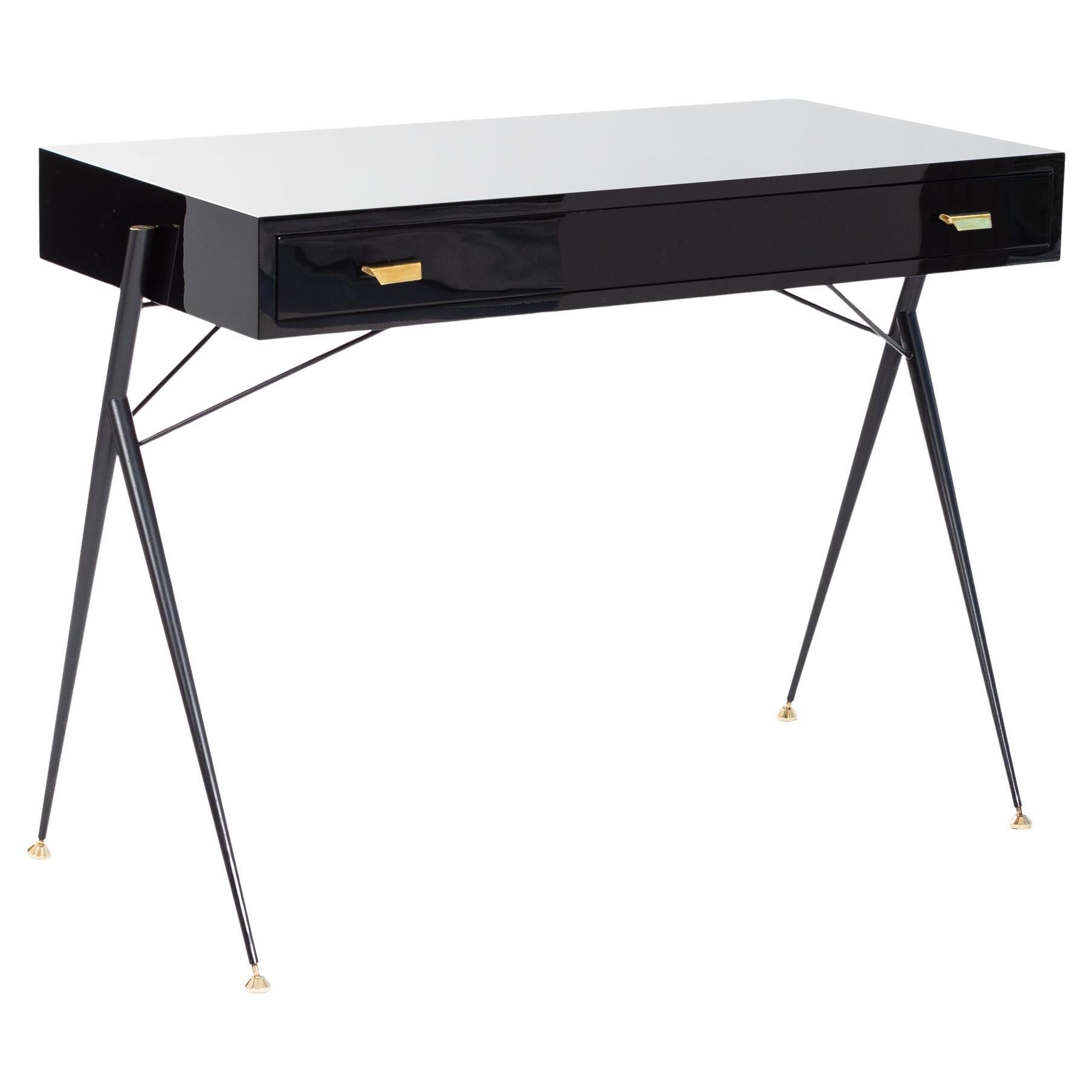 Mid-Century Italian Small Writing Desk Black Lacquer, Brass by Silvio Cavatorta