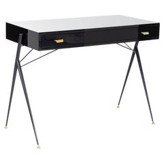 Mid-Century Italian Small Writing Desk Black Lacquer, Brass by Silvio Cavatorta
