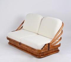 Vivai del Sud Italian Sofa in Curved Bamboo and Leather with White Fabric, 1960s