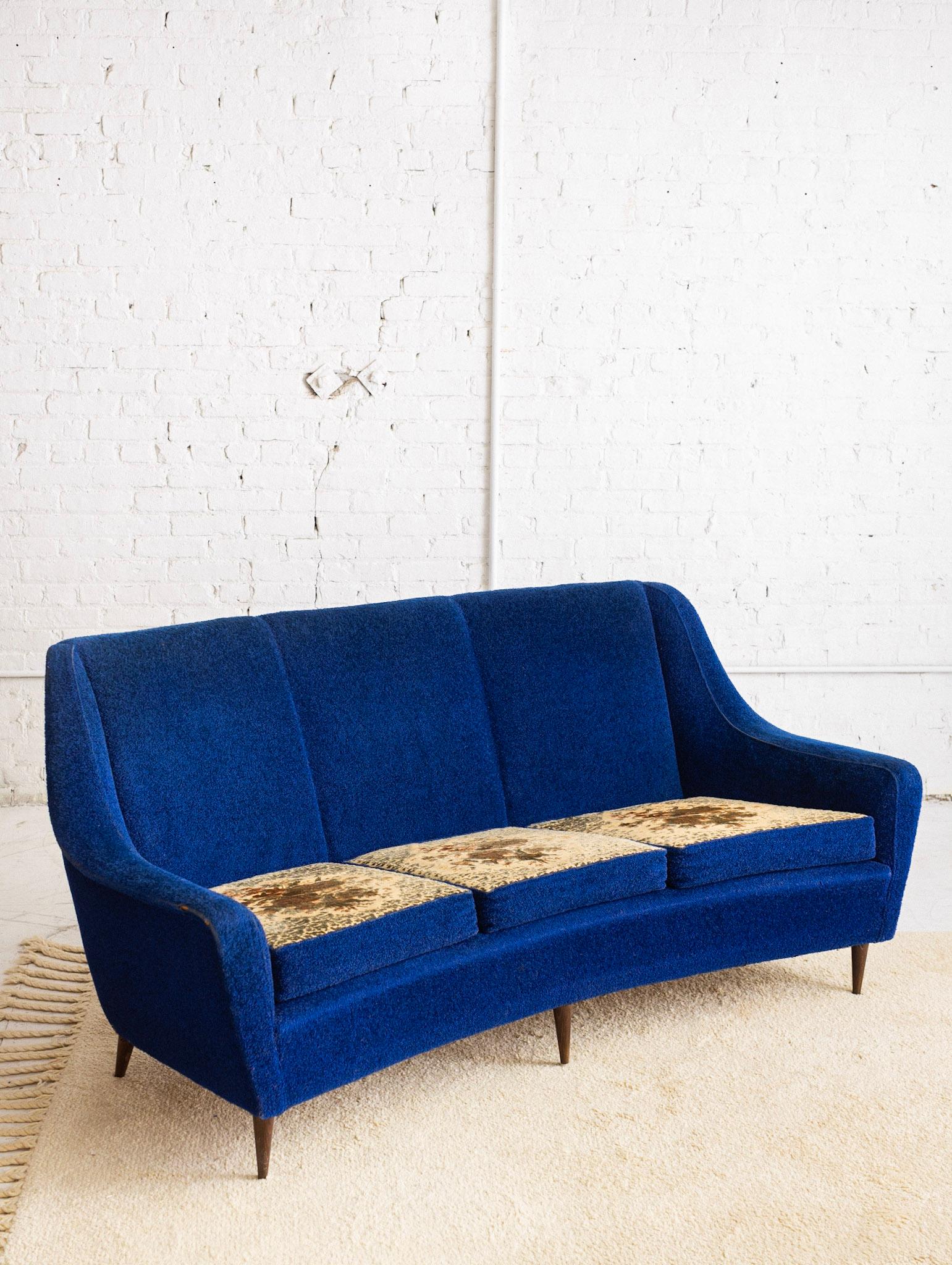 Mid Century Italian Sofa in Original Cobalt Boucle 1