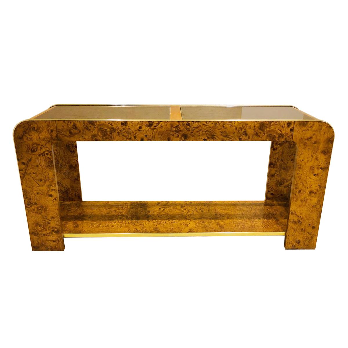 A circa 1960s Italian wood veneered and smoke glass sofa console table.

Measurements:
Long 55