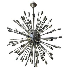 Lampadario Sputnik italiano di metà secolo in cromo e acciaio spazzolato, anni '70.