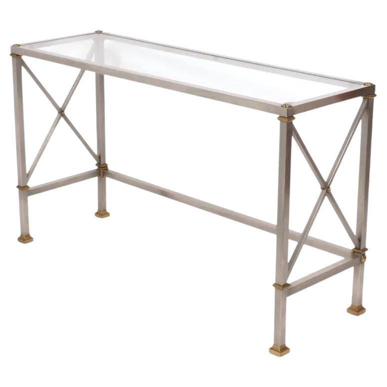 Table de canapé console italienne du milieu du siècle en acier inoxydable et laiton avec plateau en verre en vente