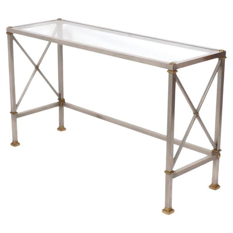 Mid Century Italian Stainless Steel and Brass with Glass Top Console Sofa Table For Sale at 1stDibs