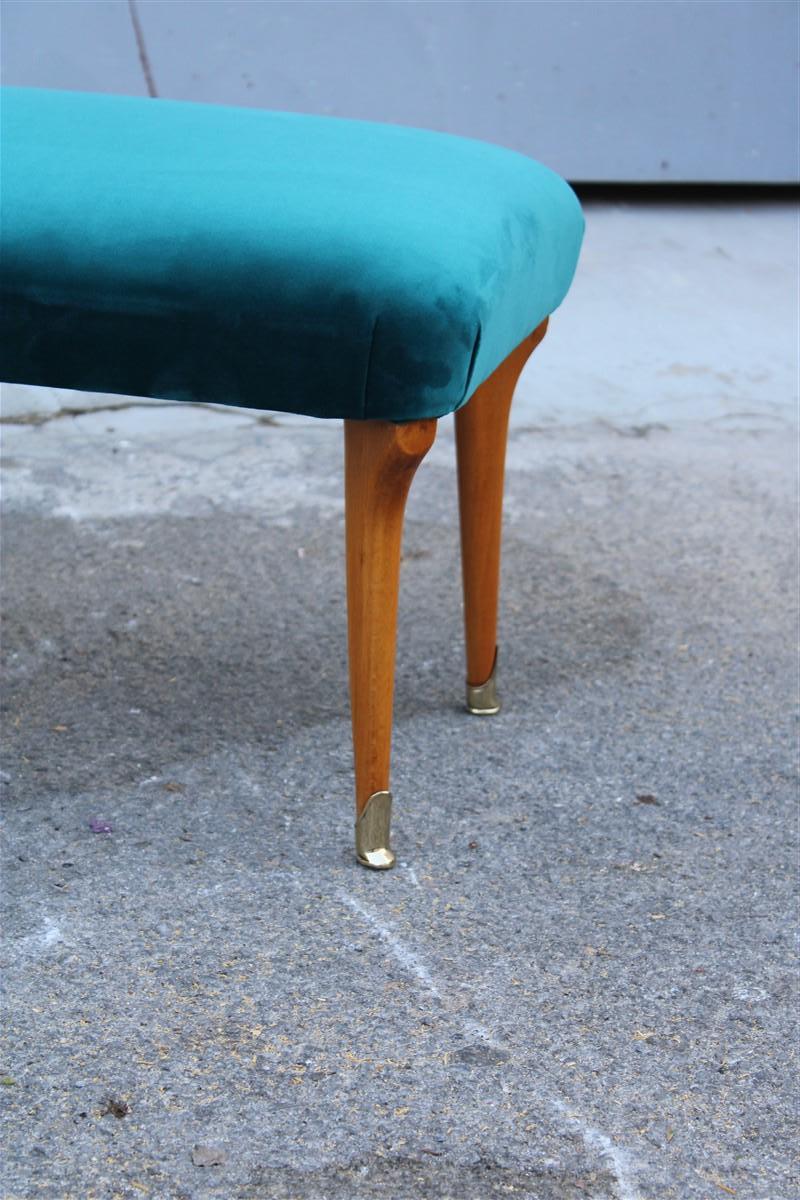 Mid-Century Italian Stool Green Velvet Maple and Brass Feet In Good Condition For Sale In Palermo, Sicily