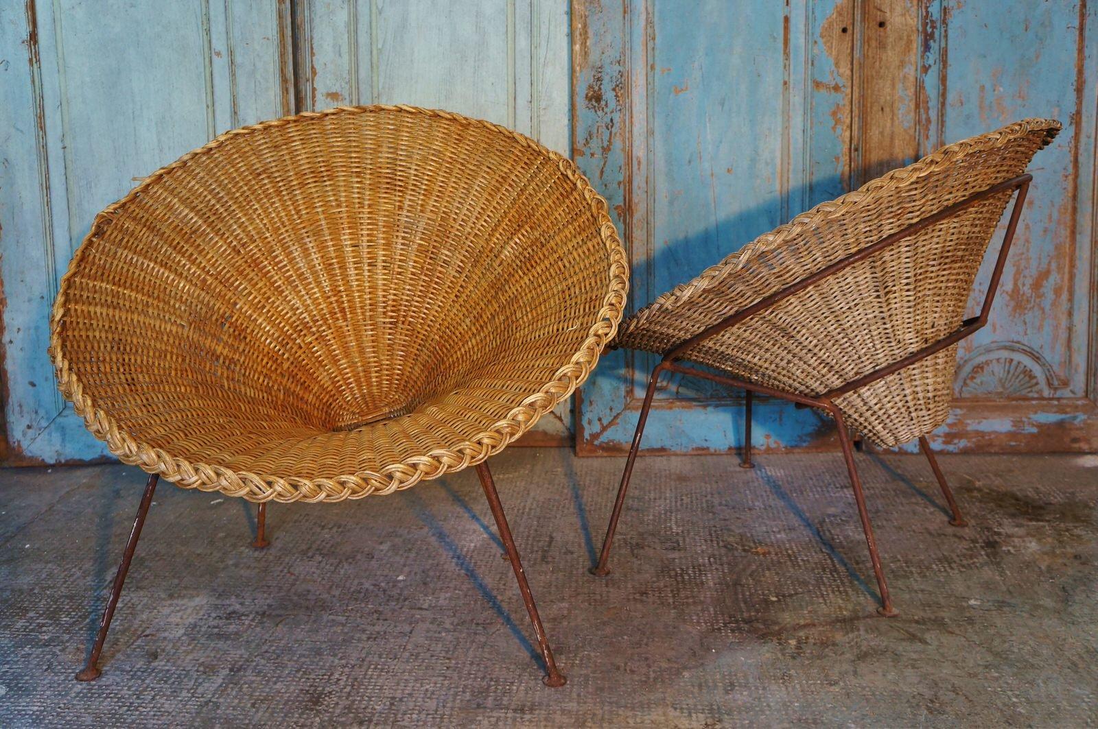 Wood Mid-Century Italian Sunflower Wicker Chairs, Set of 2 For Sale