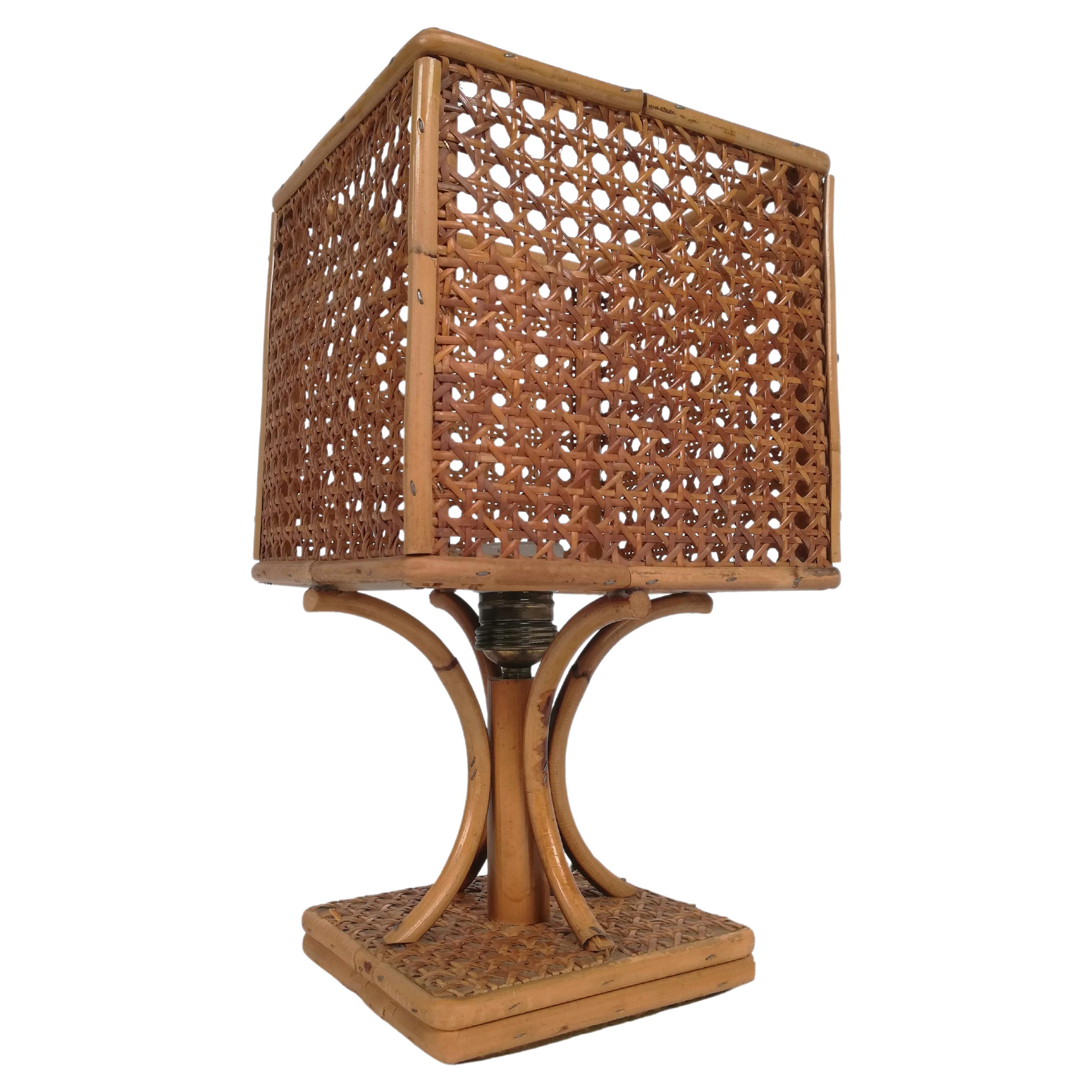 Midcentury Italian Table Lamp in Wicker Cane Webbing and Rattan, 1960s