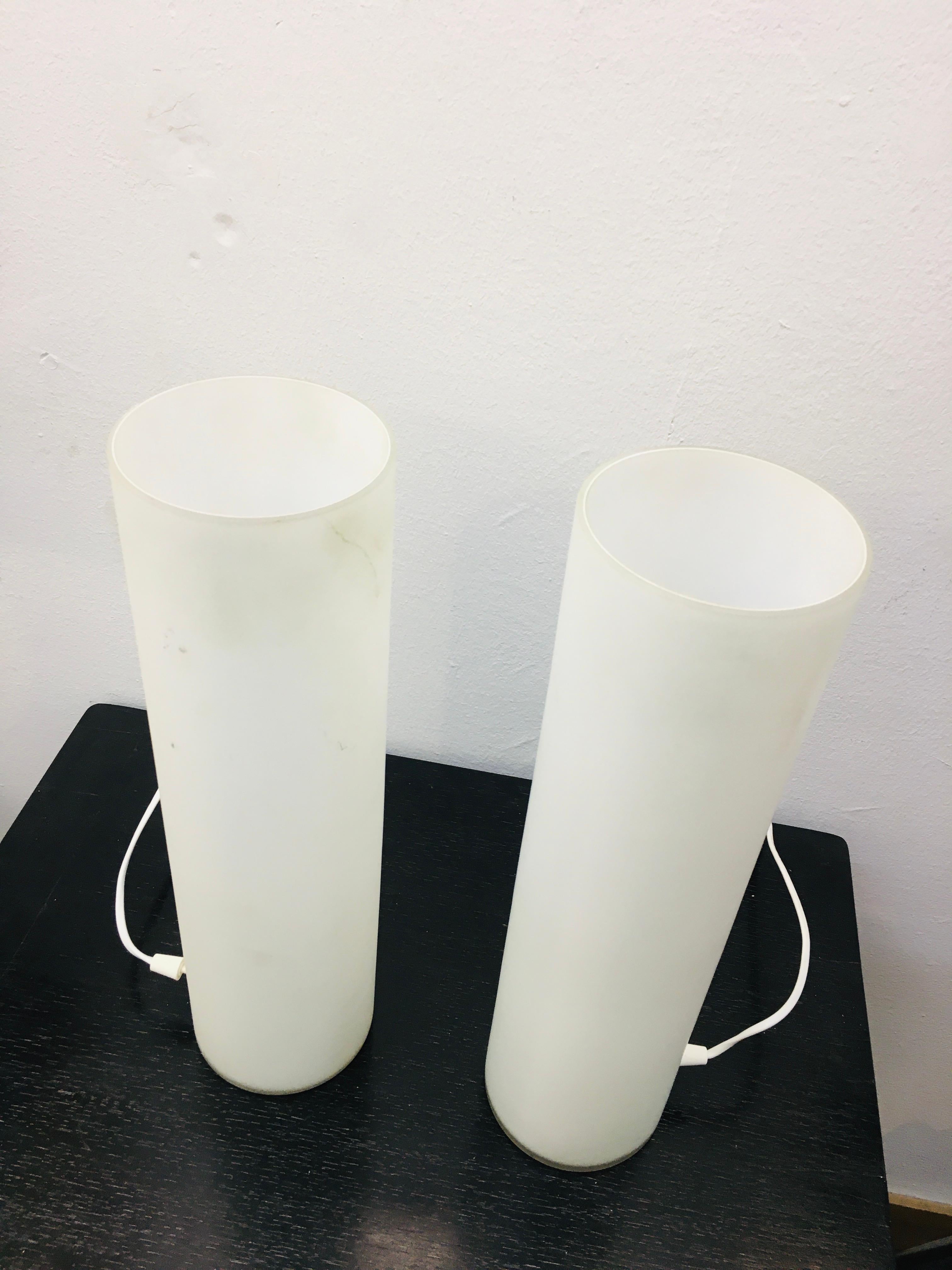 Mid-Century Modern Mid-Century Italian White Milk Glass Cylinder Table Lamp, Set of two, 1960's For Sale