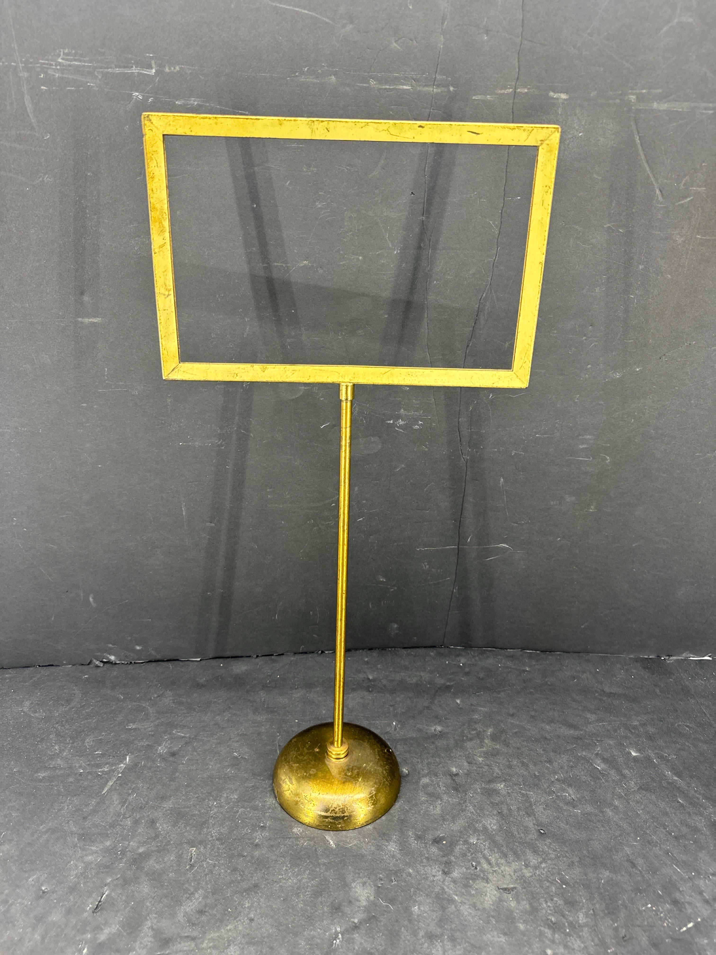 Fabulous MCM sturdy tabletop sign stand with double-sided frame. The bronzed stand is a great marketing tool for retail locations as well as restaurants.