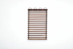Mid-Century Italian Teak Slatted Wall Mount Coat Rack and Four Bent Wire Hooks