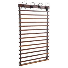 Mid-Century Italian Teak Slatted Wall Mount Coat Rack and Four Bent Wire Hooks